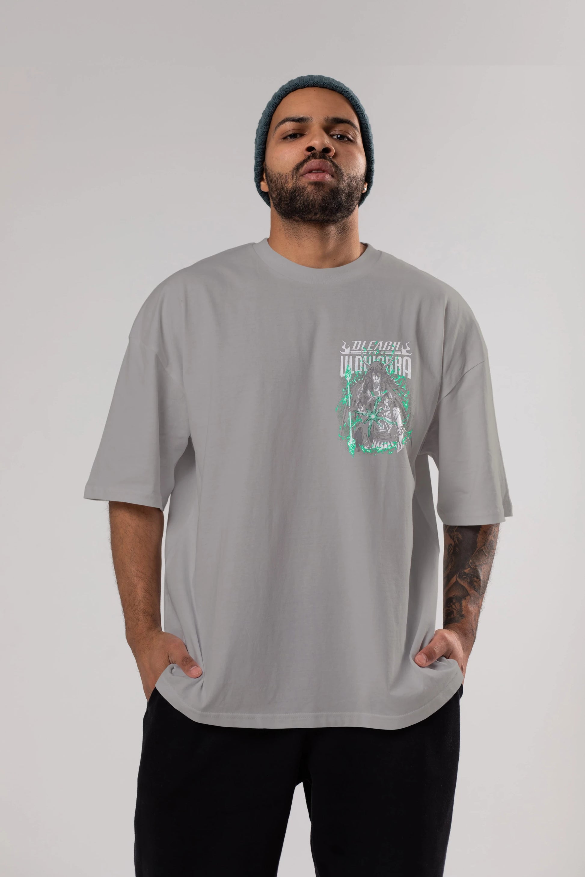 BLEACH(ULQUIARRA) Ön Sol Baskılı Oversize t-shirt Erkek Kadın Unisex %100 Pamuk Bisiklet Yaka tişort