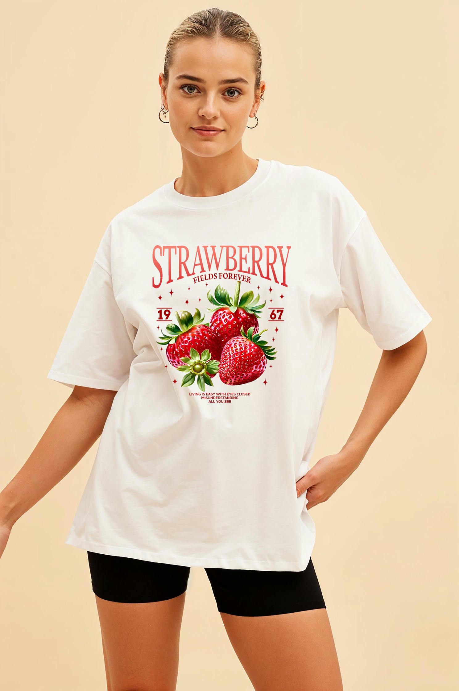 Strawberry Ön Baskılı Oversize t-shirt Erkek Kadın Pamuk Bisiklet Yaka tişort