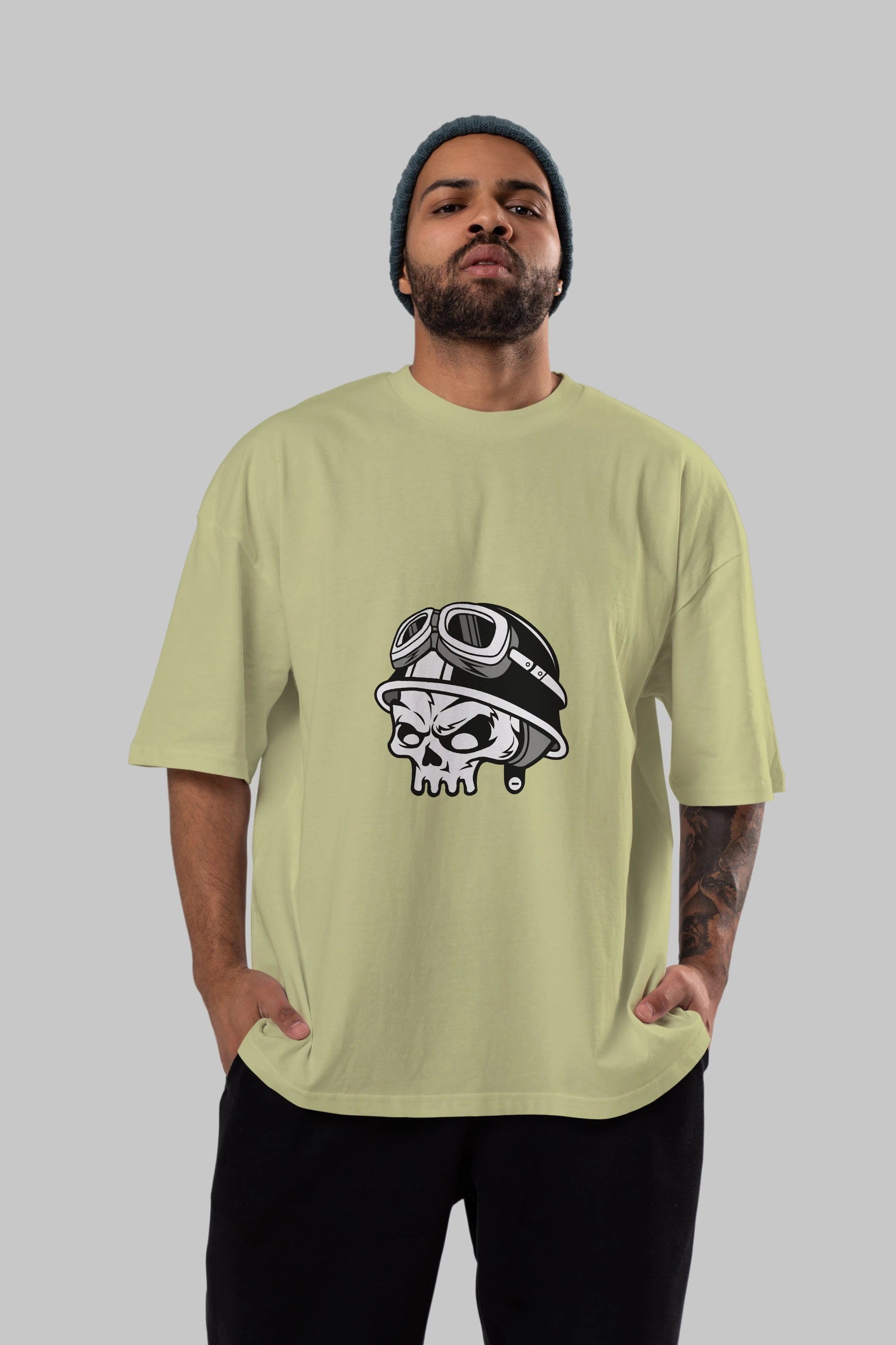 Biker Helmet Ön Baskılı Oversize t-shirt Erkek Kadın Unisex %100 Pamuk tişort