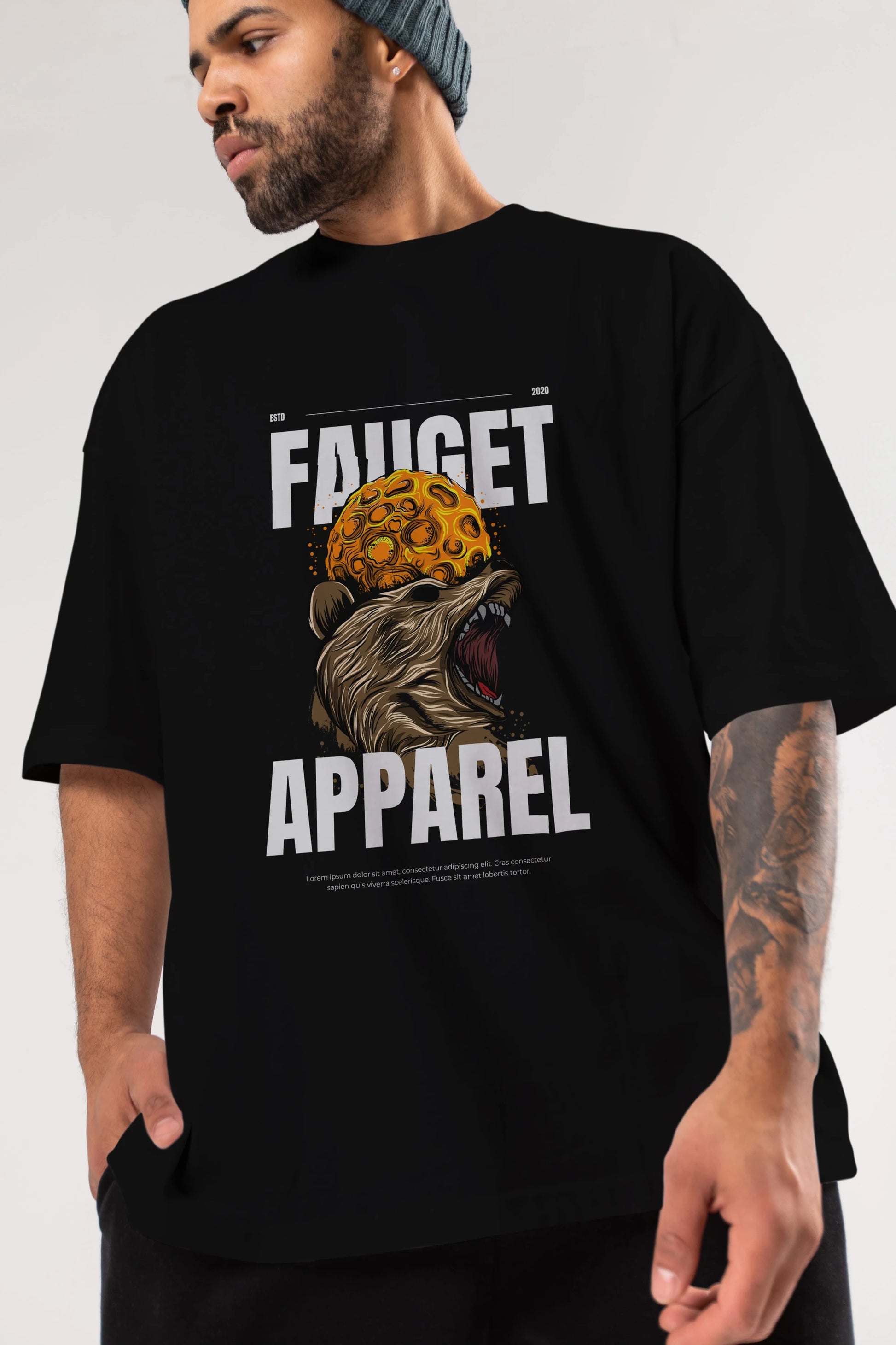 Bear Angry Fauget Apparel Ön Baskılı Oversize t-shirt Erkek Kadın Unisex