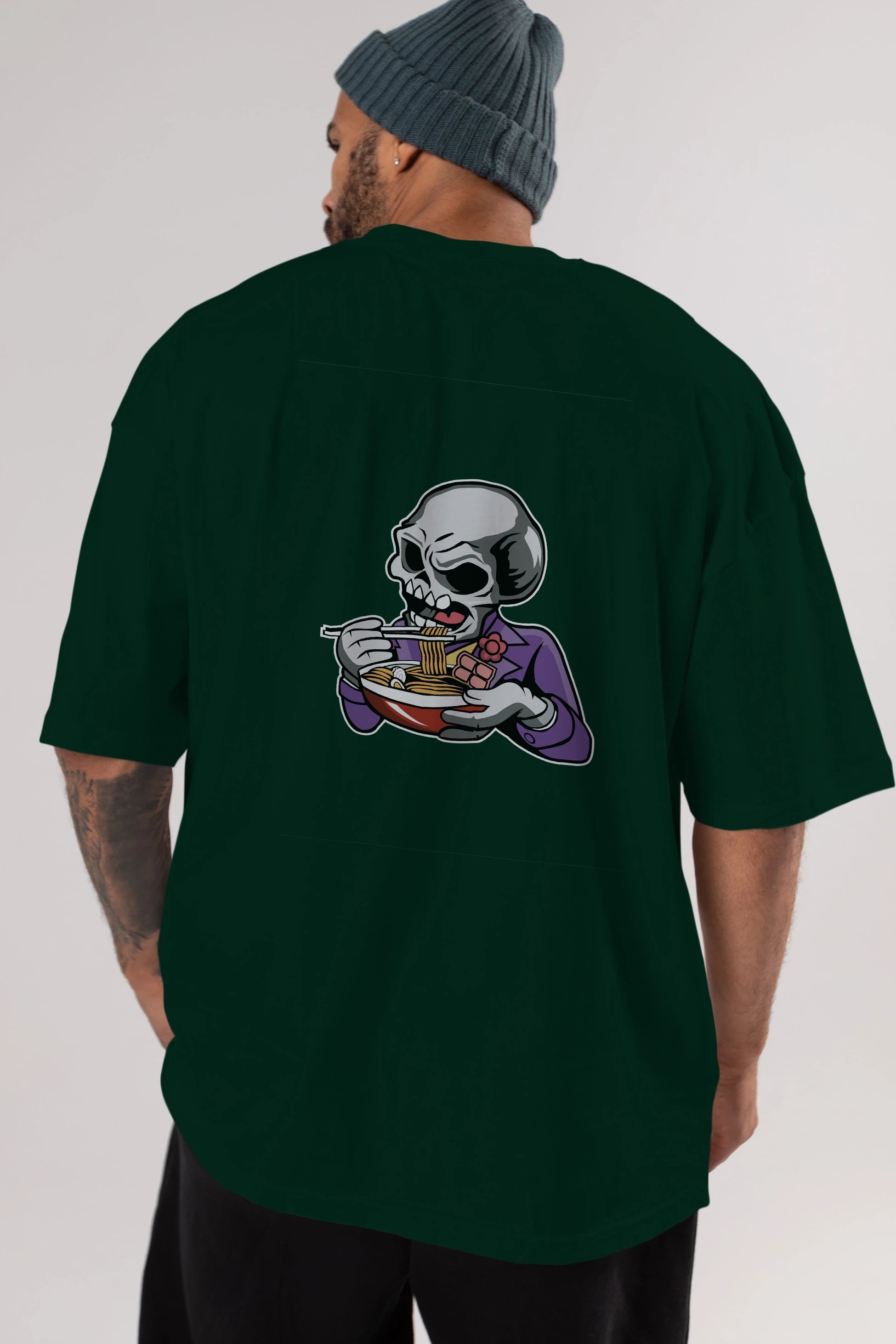 Skull Ramen Arka Baskılı Oversize t-shirt Erkek Kadın Unisex %100 Pamuk tişort