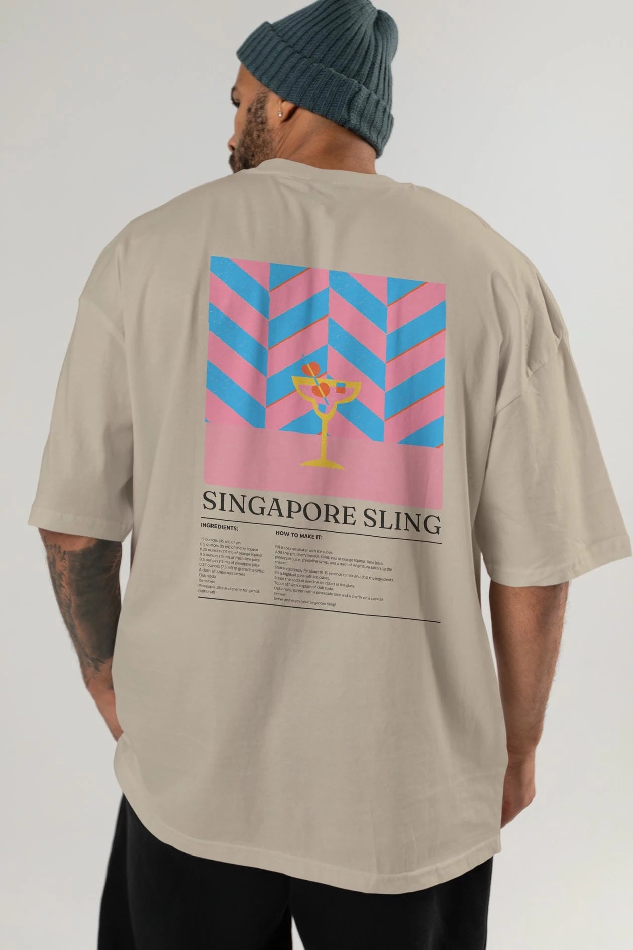 Singapore Sling Kokteyl Serisi Arka Baskılı Oversize t-shirt Erkek Kadın %100 Pamuk Bisiklet Yaka tişort
