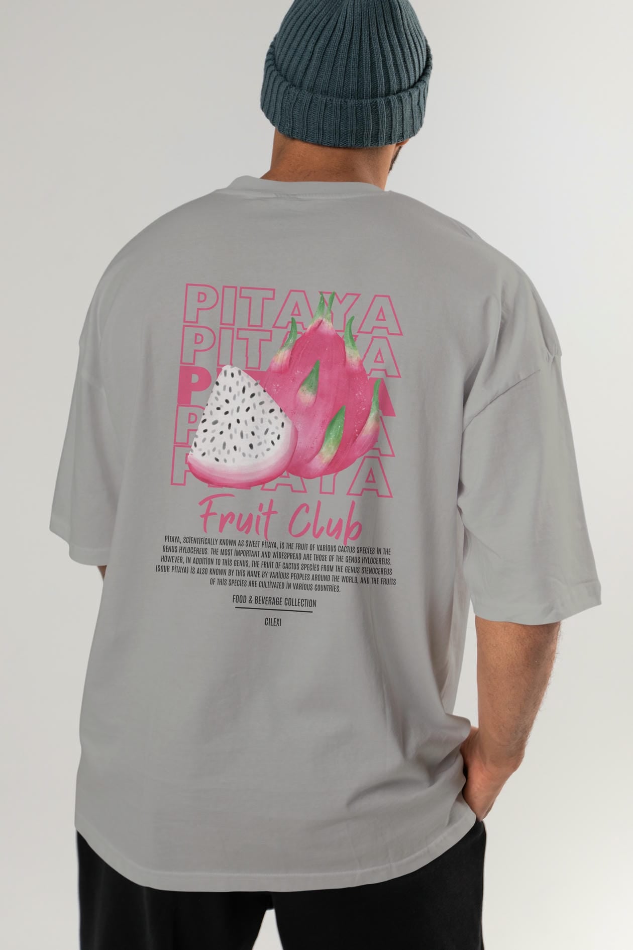 Pitaya Arka Baskılı Oversize t-shirt Erkek Kadın Pamuk Bisiklet Yaka tişort