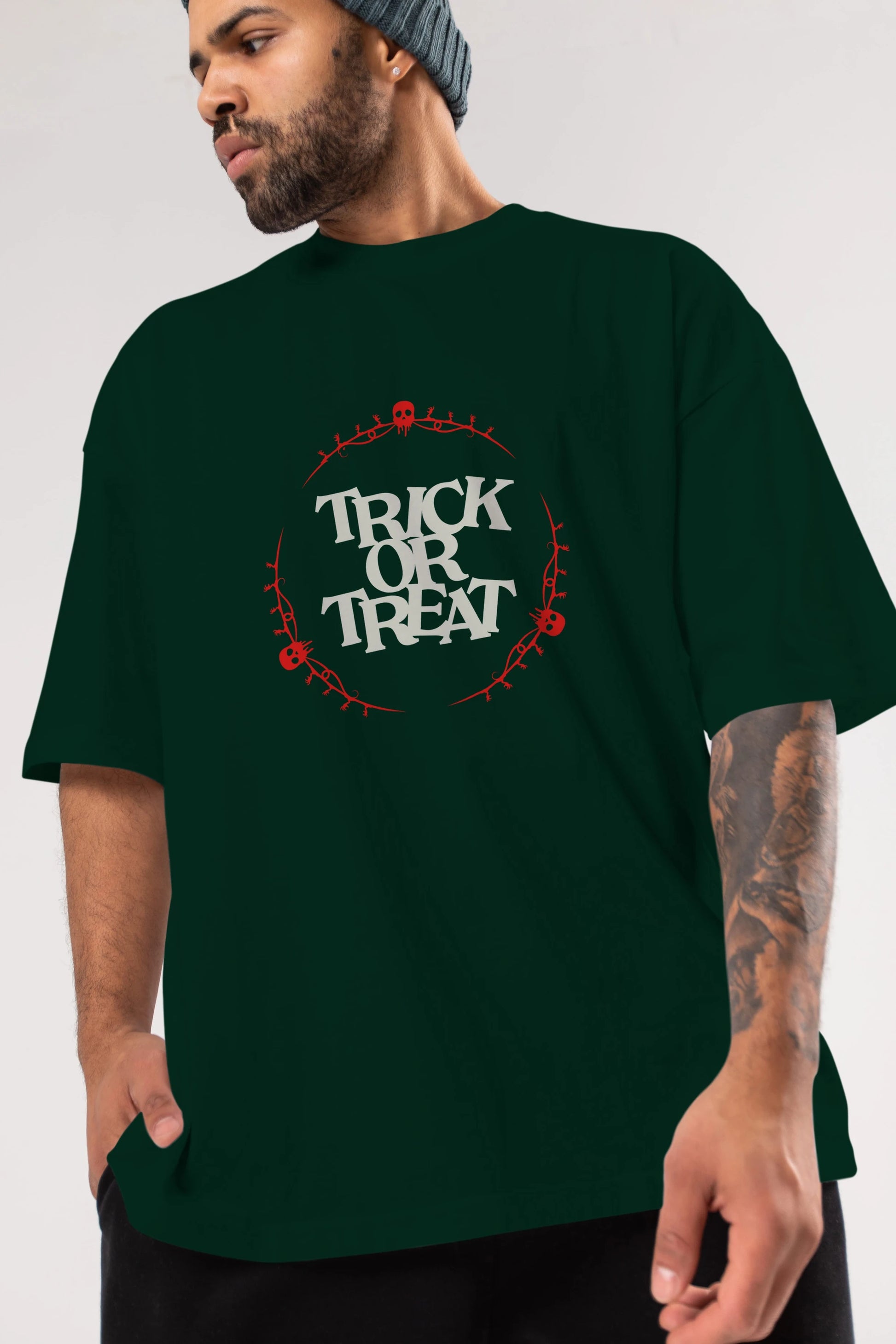 Trick or Treat Yazılı Ön Baskılı Oversize t-shirt Erkek Kadın Unisex