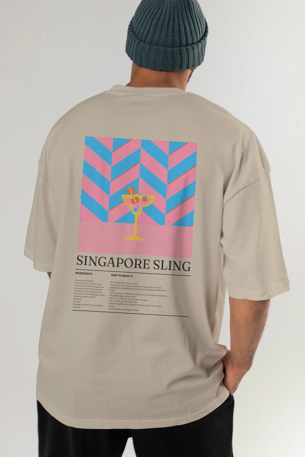 Singapore Sling Kokteyl Serisi Arka Baskılı Oversize t-shirt Erkek Kadın %100 Pamuk Bisiklet Yaka tişort