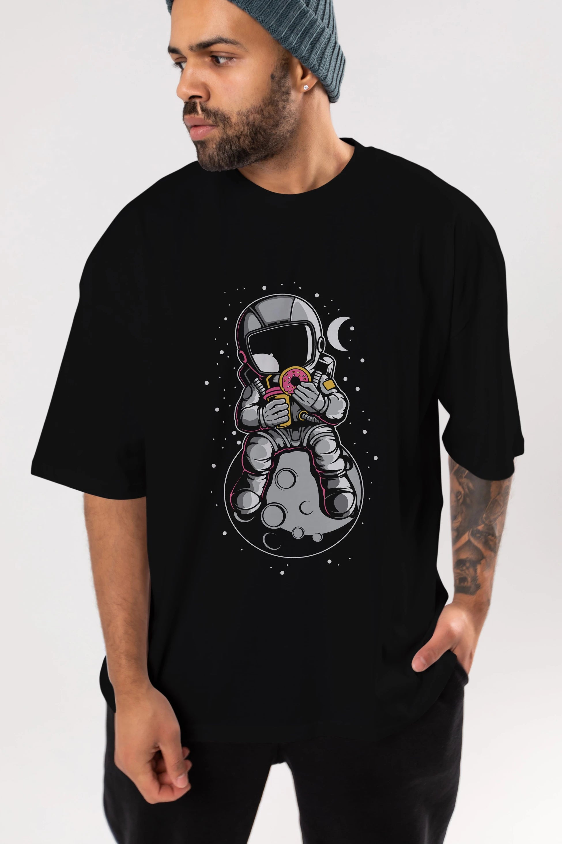 Astronaut Donuts Ön Baskılı Oversize t-shirt Erkek Kadın Unisex