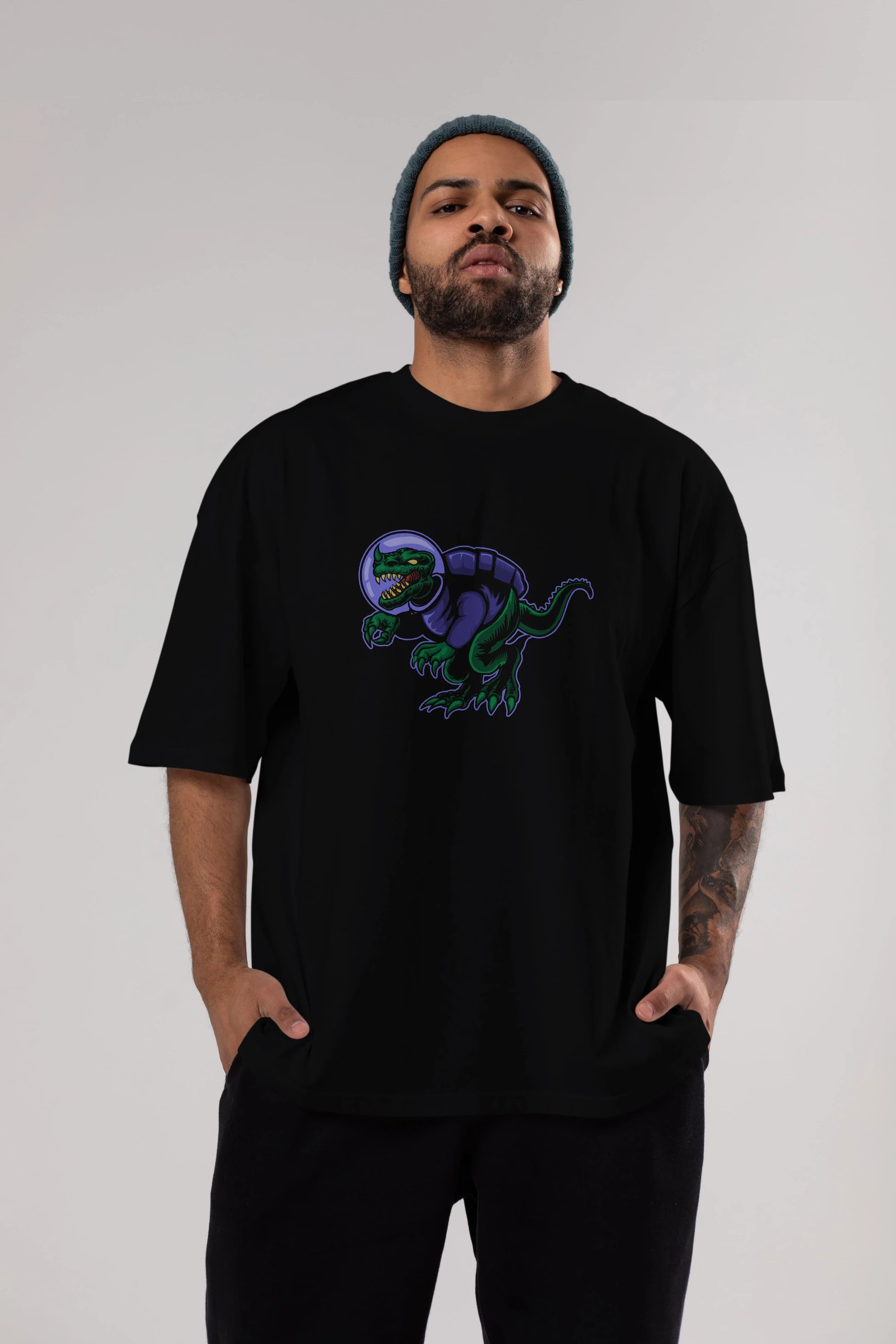 Space Dino Ön Baskılı Oversize t-shirt Erkek Kadın Unisex