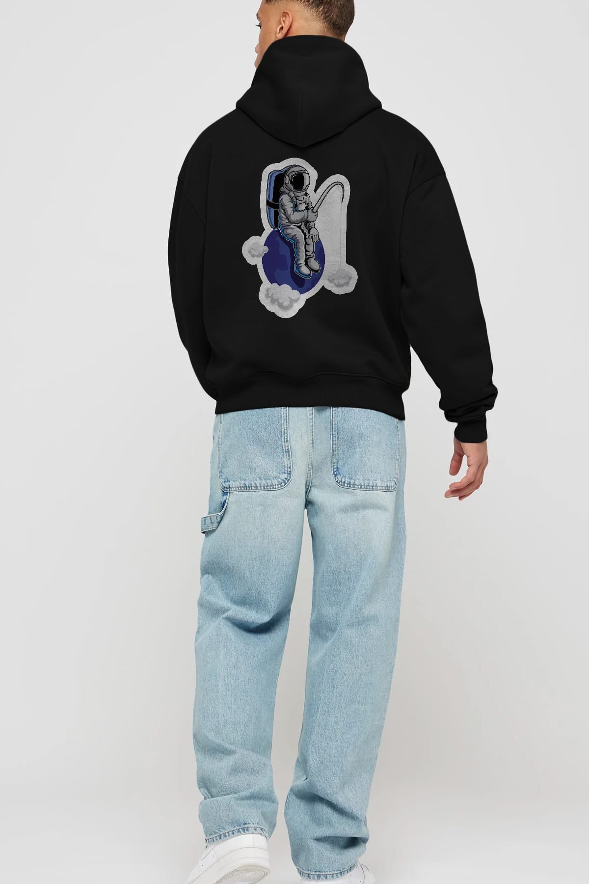 Astronaut Fishing Sticker Arka Baskılı Hoodie Oversize Kapüşonlu Sweatshirt Erkek Kadın Unisex