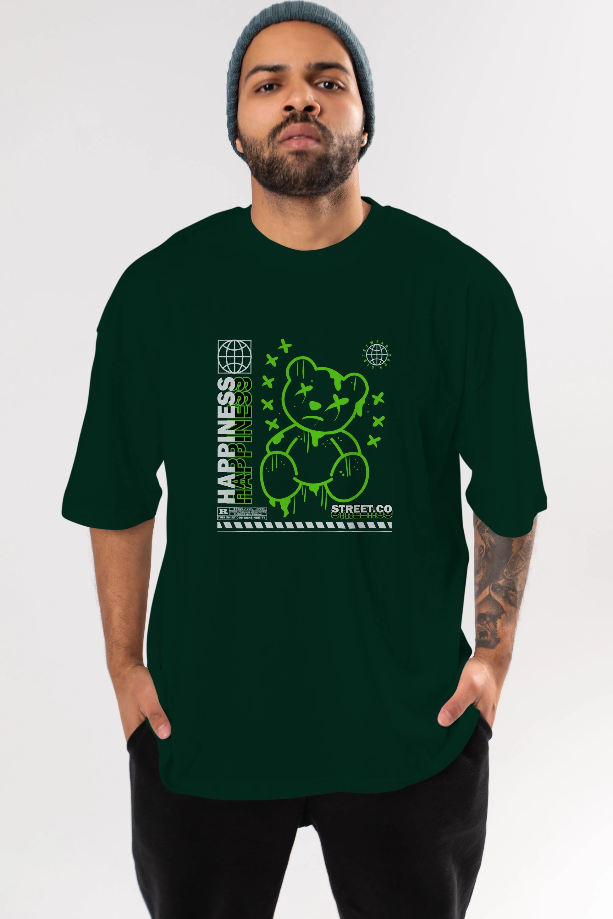 Happiness Bear 3 Ön Baskılı Oversize t-shirt Erkek Kadın Unisex