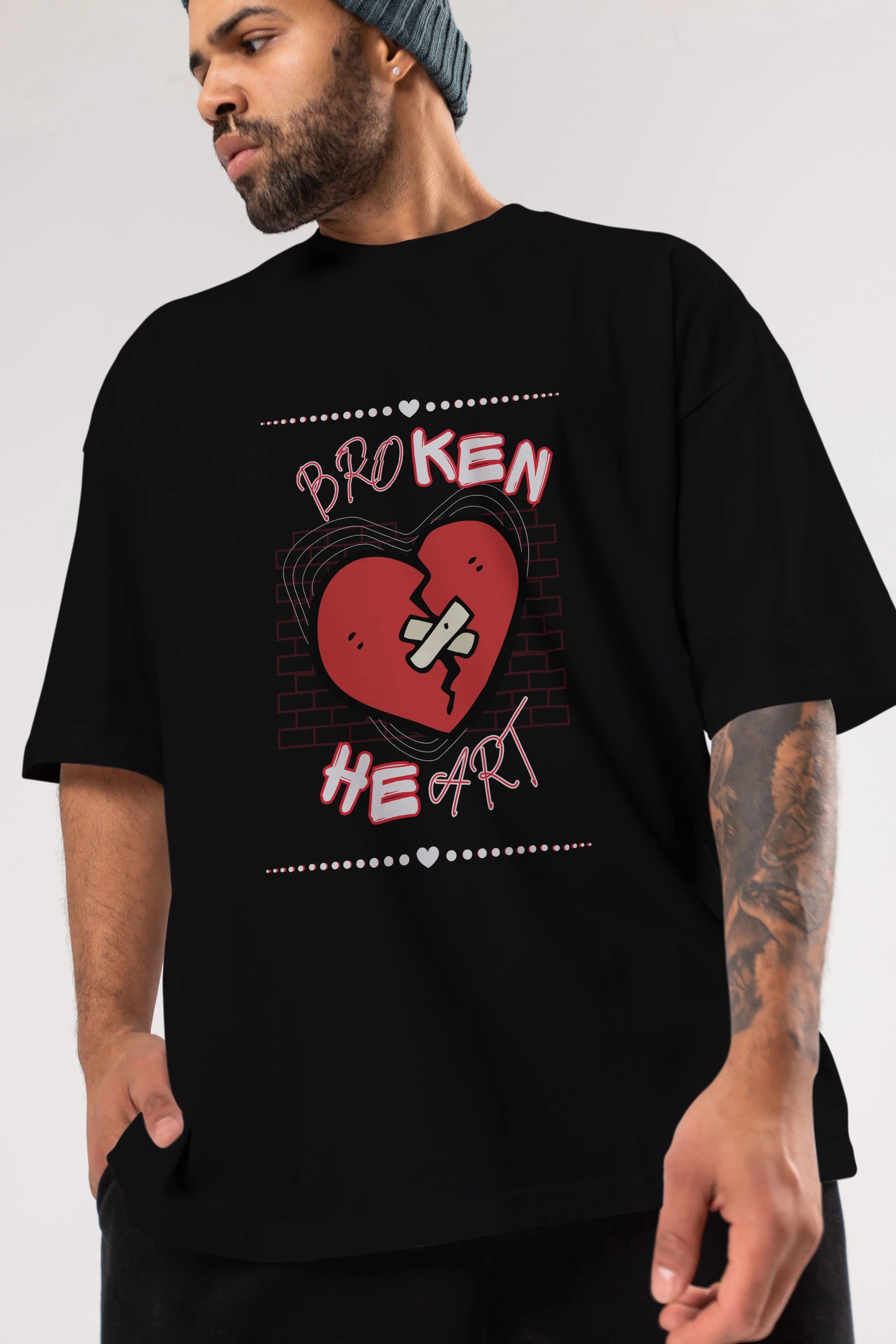 Broken Heart Yazılı Ön Baskılı Oversize t-shirt Erkek Kadın Unisex