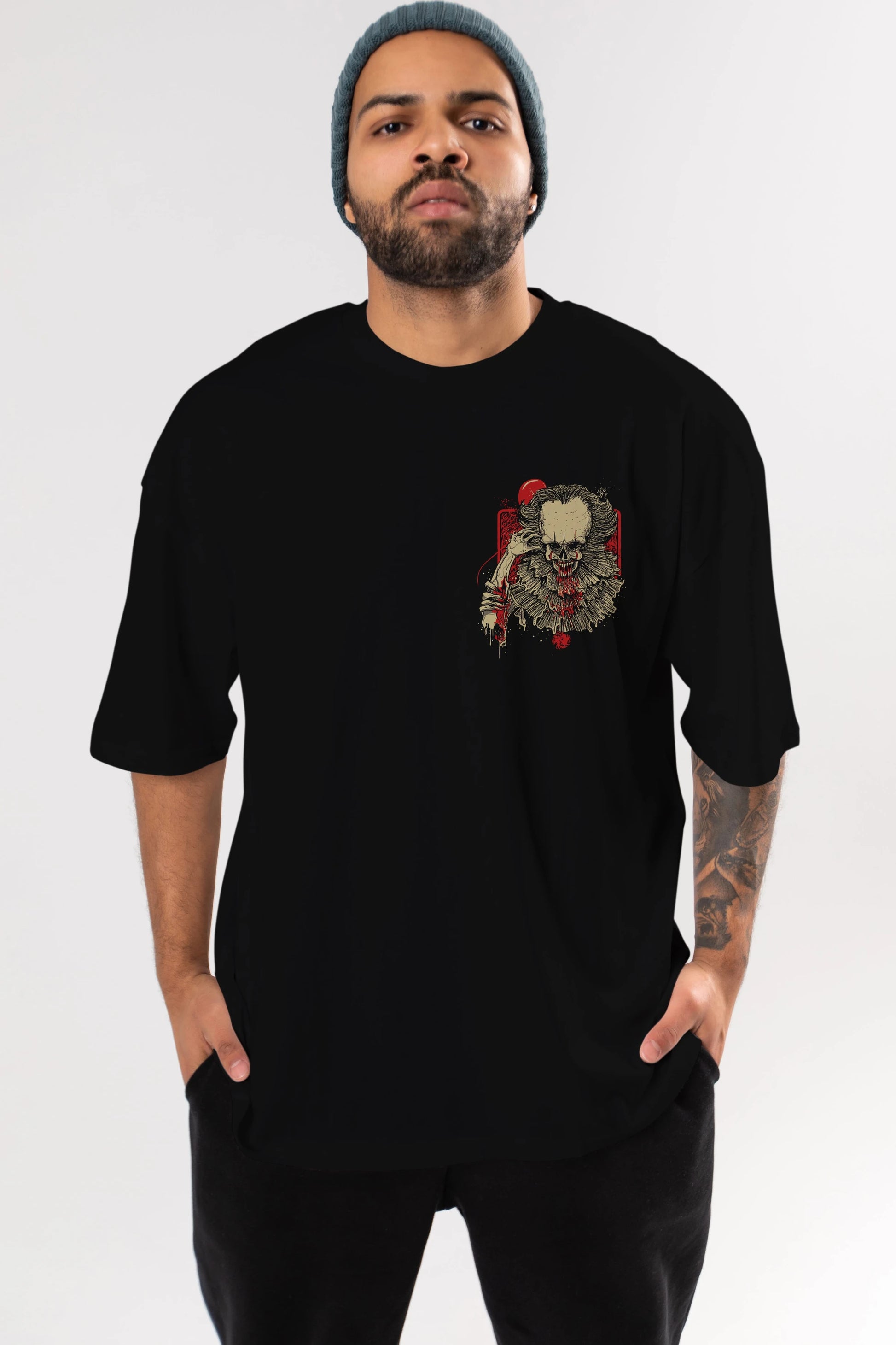 it (2) Ön Sol Baskılı Oversize t-shirt Erkek Kadın Unisex %100 Pamuk Bisiklet Yaka tişort