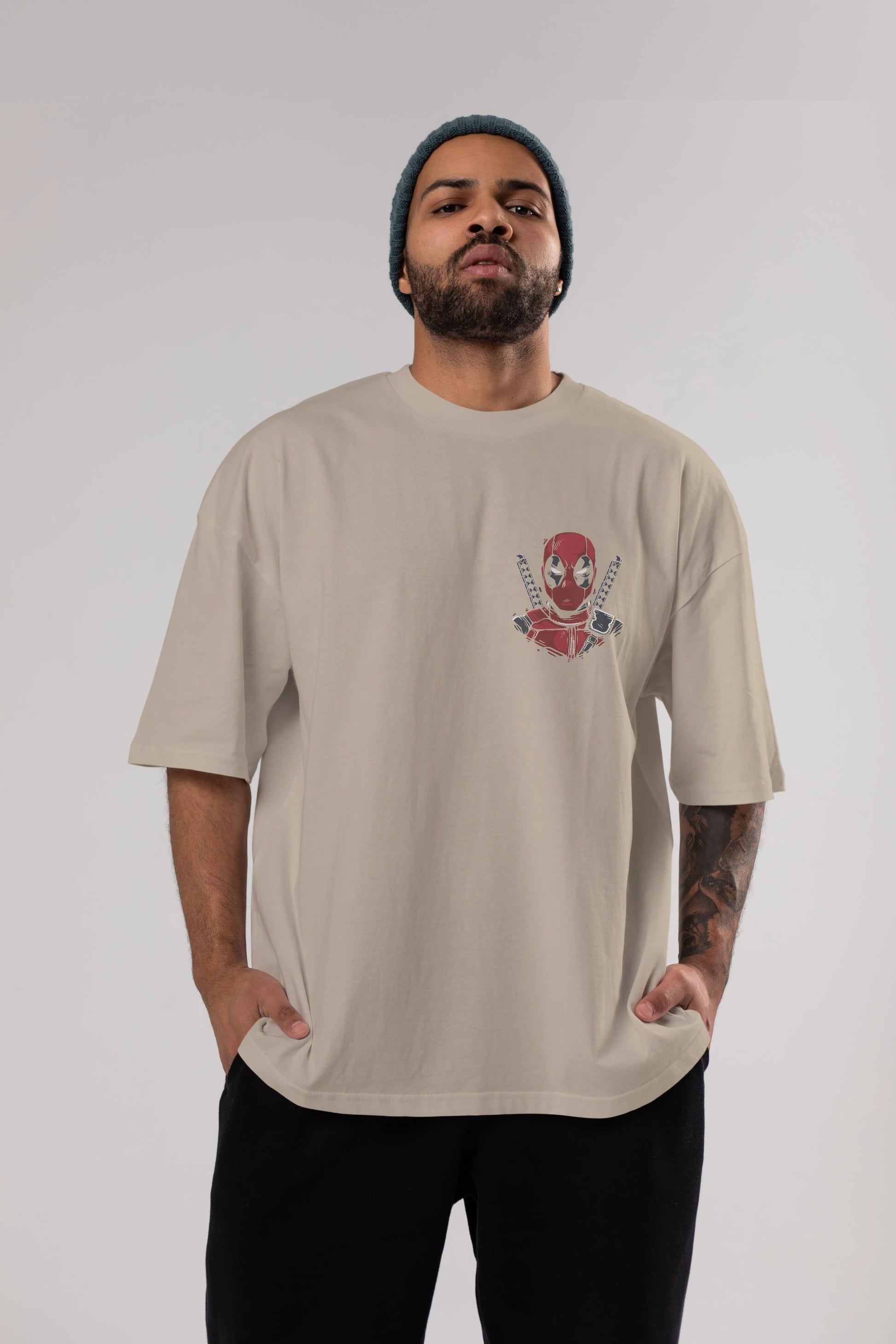 Deadpool (4) Ön Sol Baskılı Oversize t-shirt Erkek Kadın Unisex %100 Pamuk Bisiklet Yaka tişort