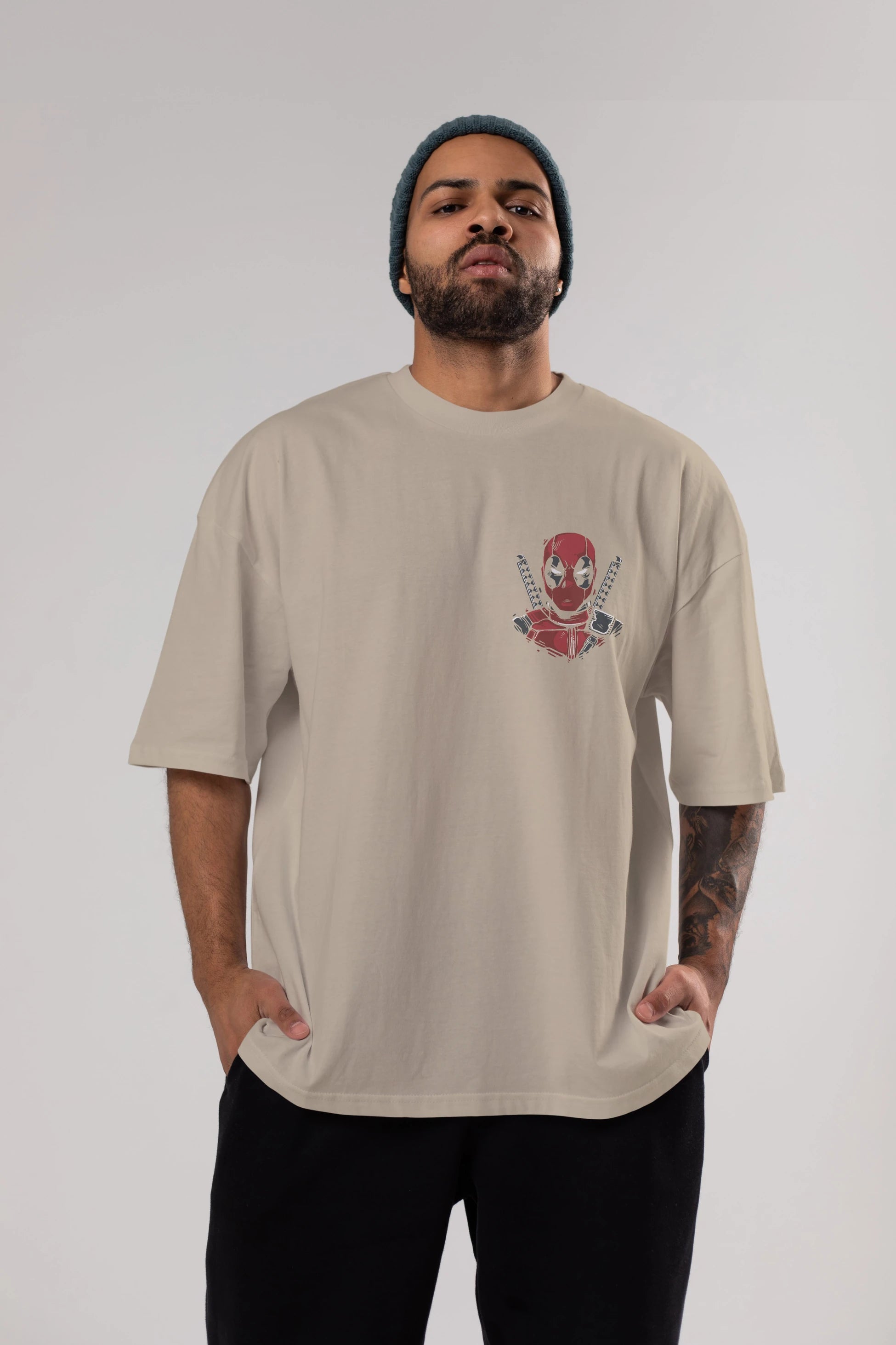Deadpool (4) Ön Sol Baskılı Oversize t-shirt Erkek Kadın Unisex %100 Pamuk Bisiklet Yaka tişort
