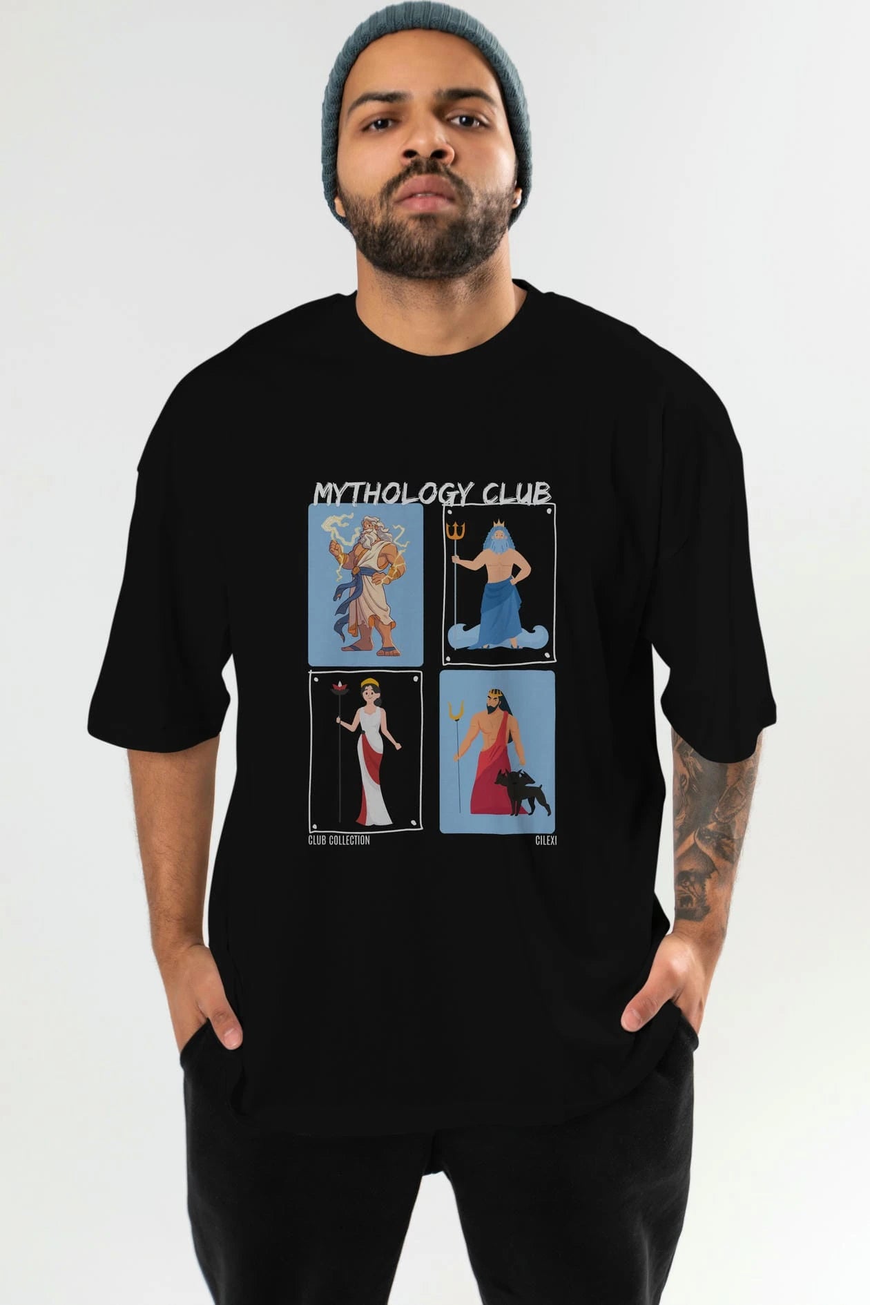 Mythology Club 2 ön Baskılı Oversize t-shirt Erkek Kadın %100 Pamuk Bisiklet Yaka tişort
