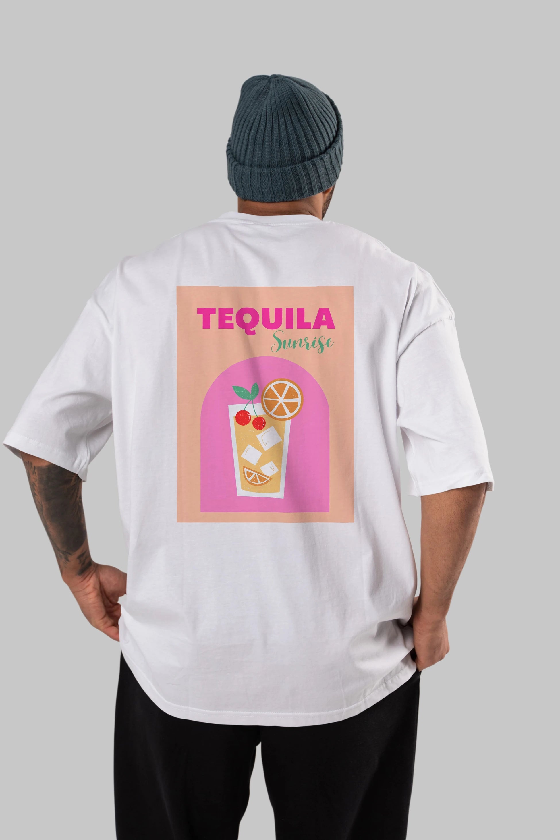 Tequila Sunrise 2 Arka Baskılı Oversize t-shirt Erkek Kadın Unisex %100 Pamuk Bisiklet Yaka tişort