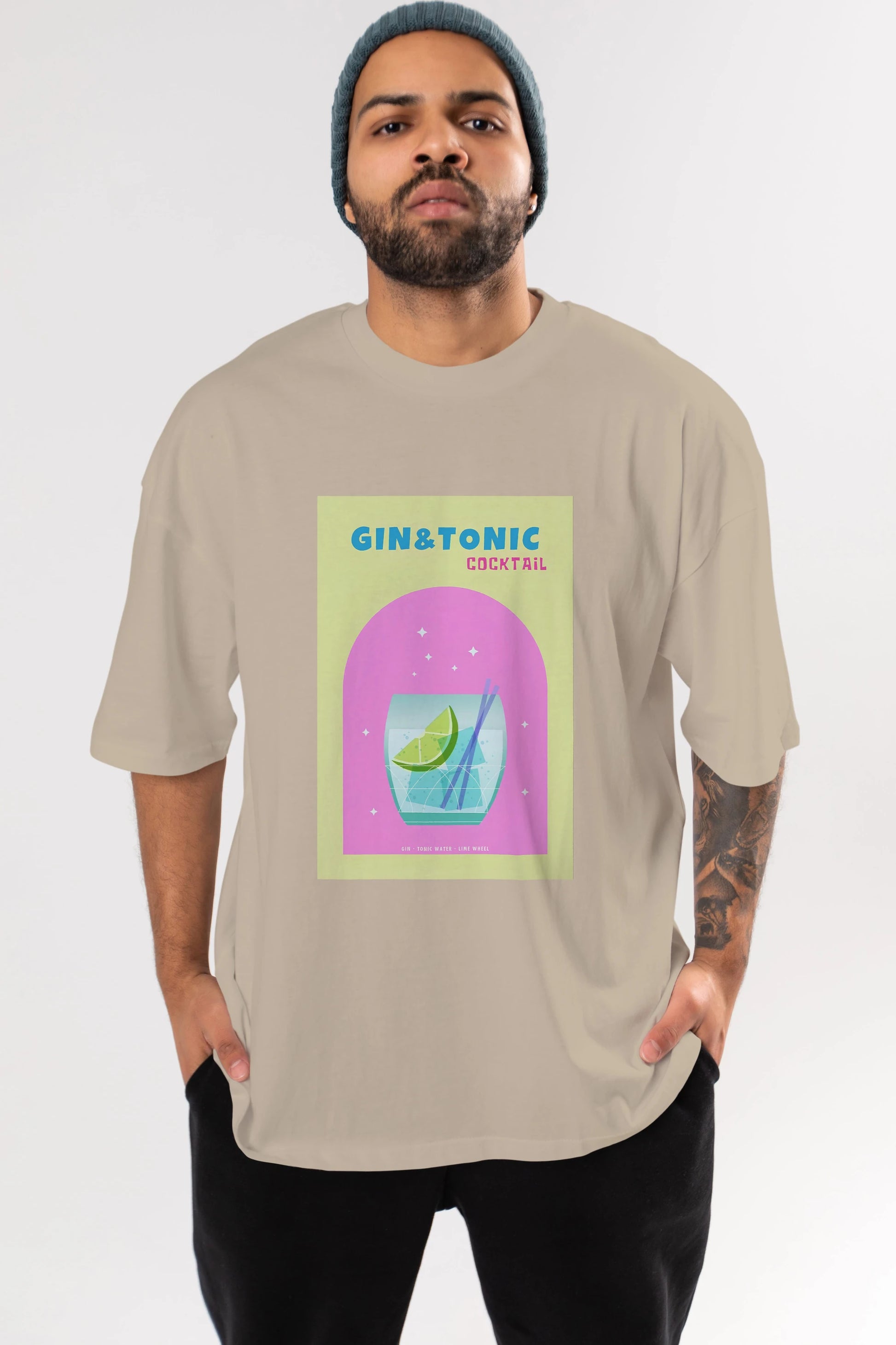 Gin Tonic Cocktail Ön Baskılı Oversize t-shirt Erkek Kadın Unisex %100 Pamuk Bisiklet Yaka tişort