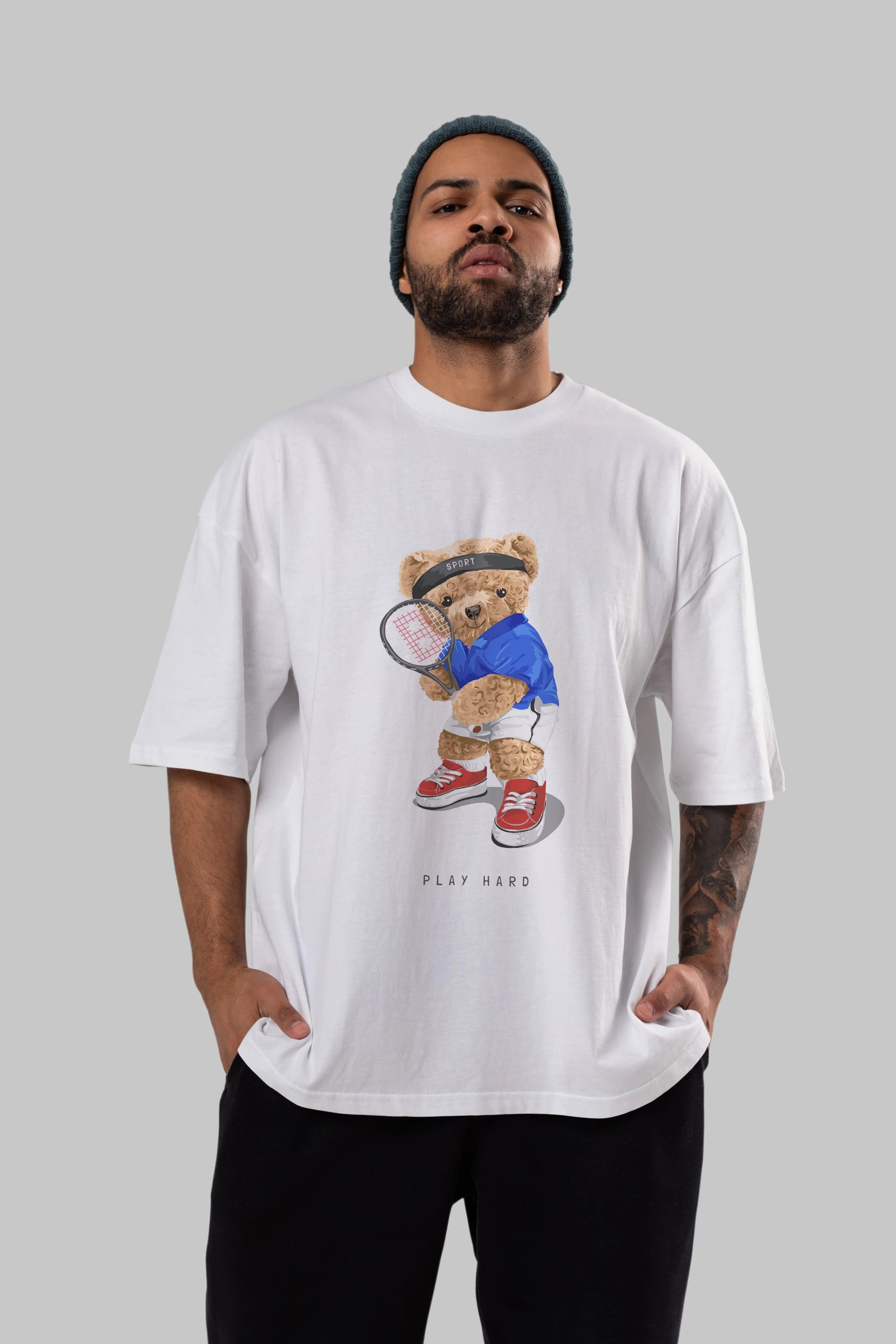 Teddy Bear Play Hard Ön Baskılı Oversize t-shirt Erkek Kadın Unisex %100 Pamuk