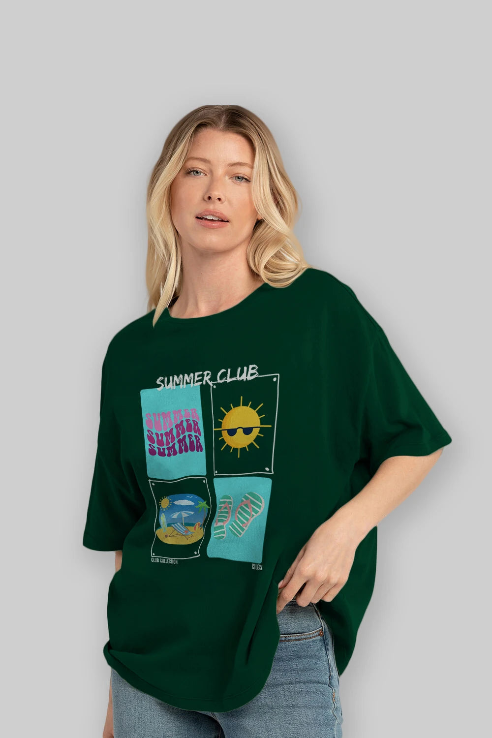Summer Club ön Baskılı Oversize t-shirt Erkek Kadın %100 Pamuk Bisiklet Yaka tişort