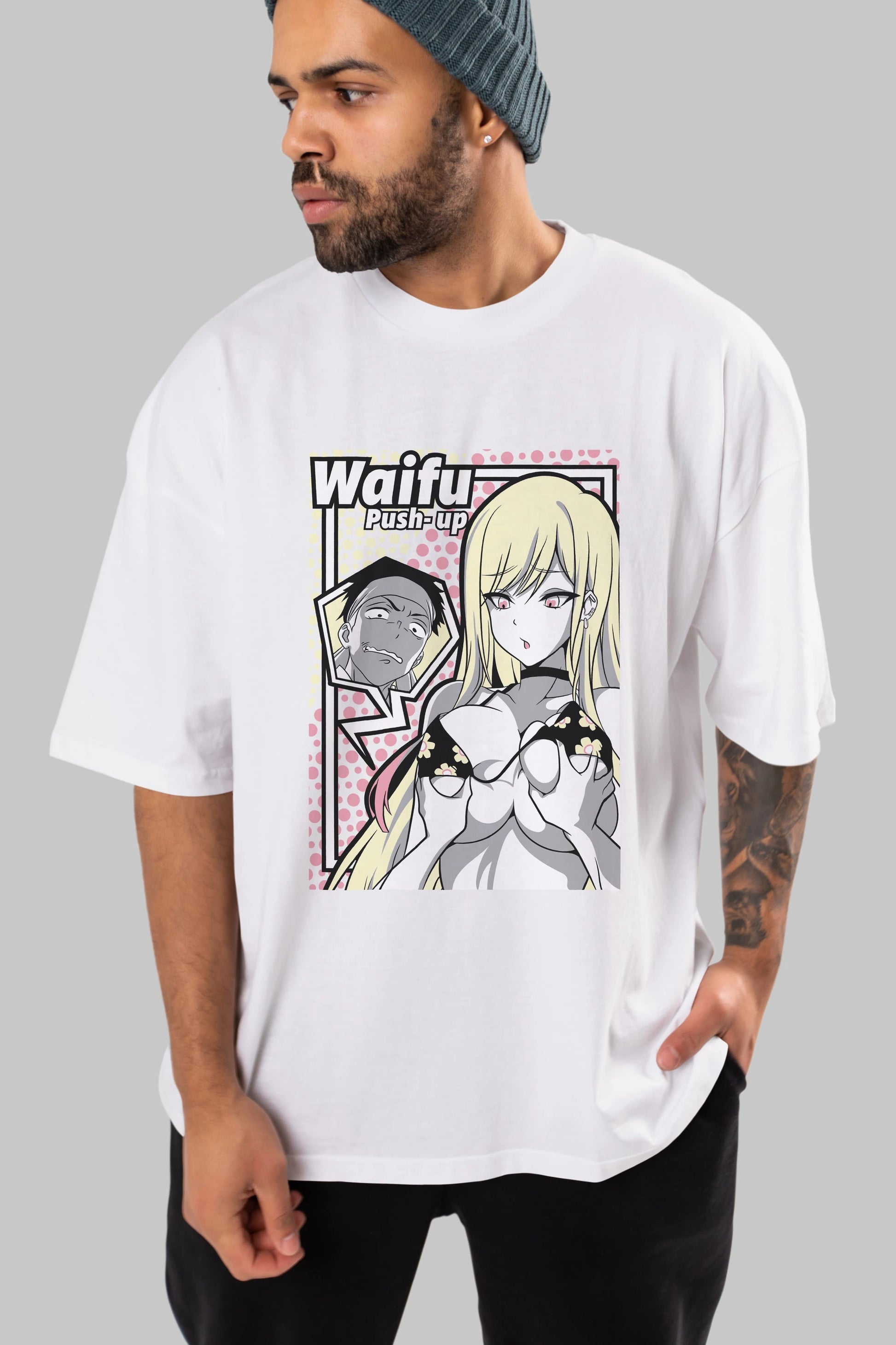 Waifu PushUp Anime Ön Baskılı Oversize t-shirt %100 pamuk Erkek Kadın Unisex