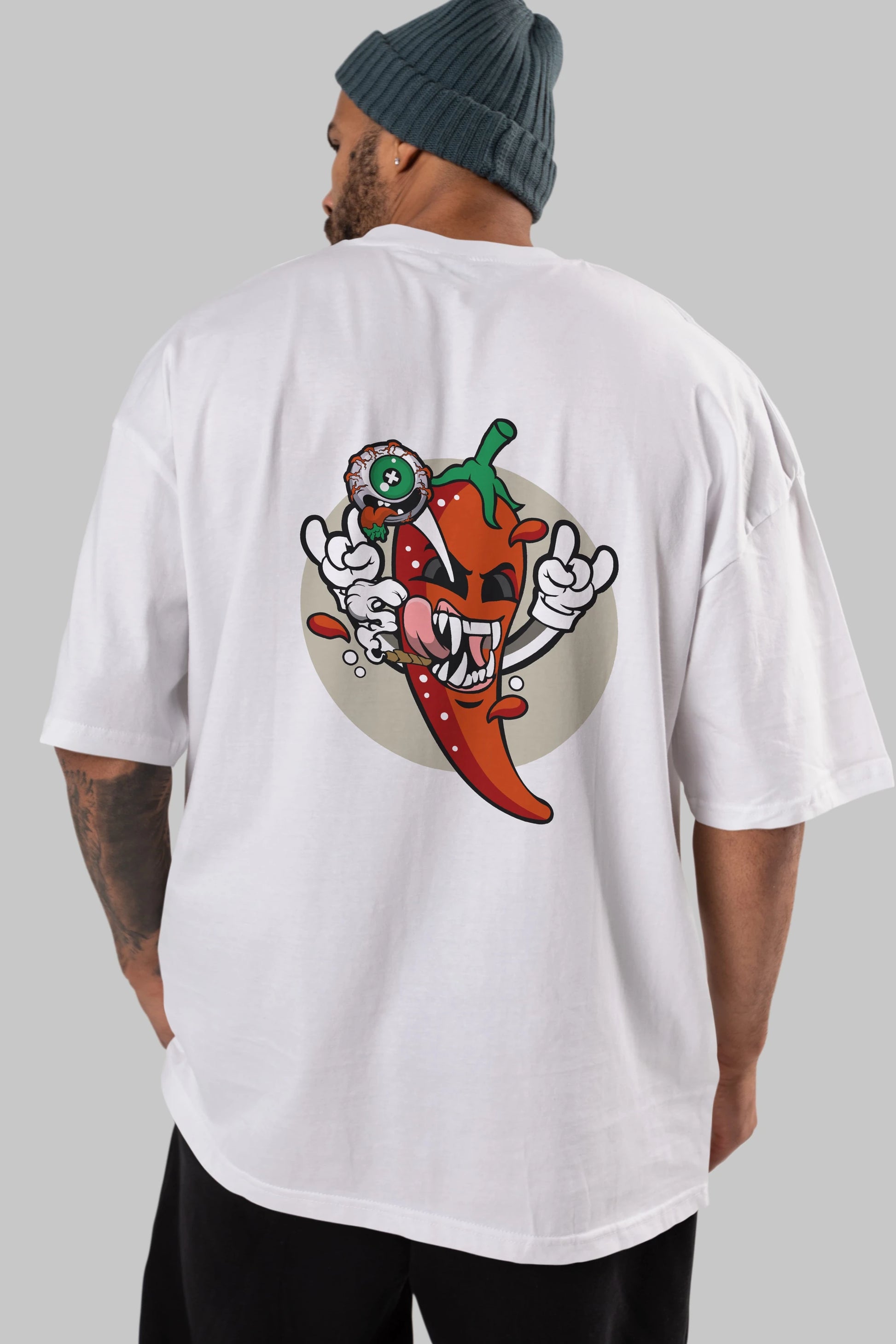 Chili Monster Arka Baskılı Oversize t-shirt Erkek Kadın Unisex %100 Pamuk tişort