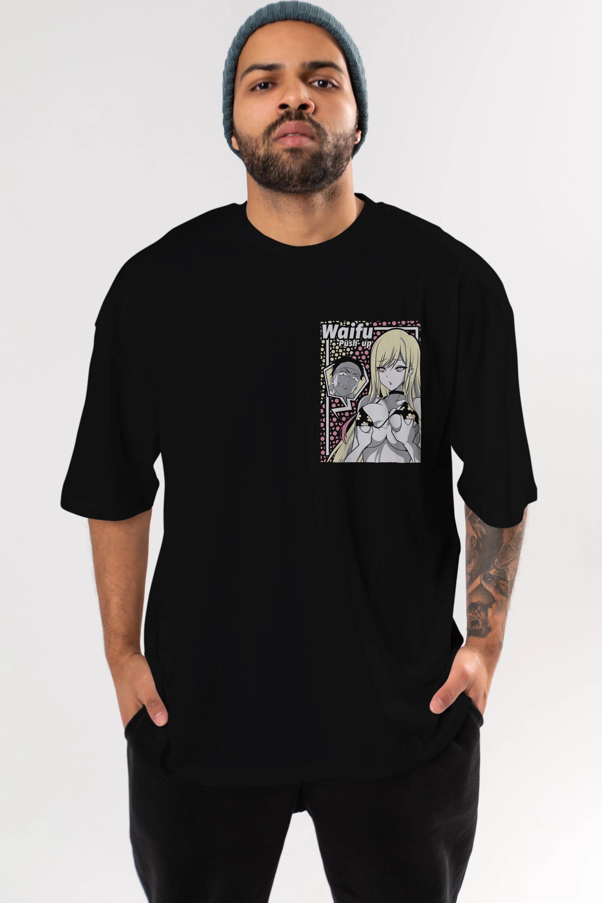 Waifu PushUp Ön Sol Baskılı Oversize t-shirt Erkek Kadın Unisex %100 Pamuk Bisiklet Yaka tişort