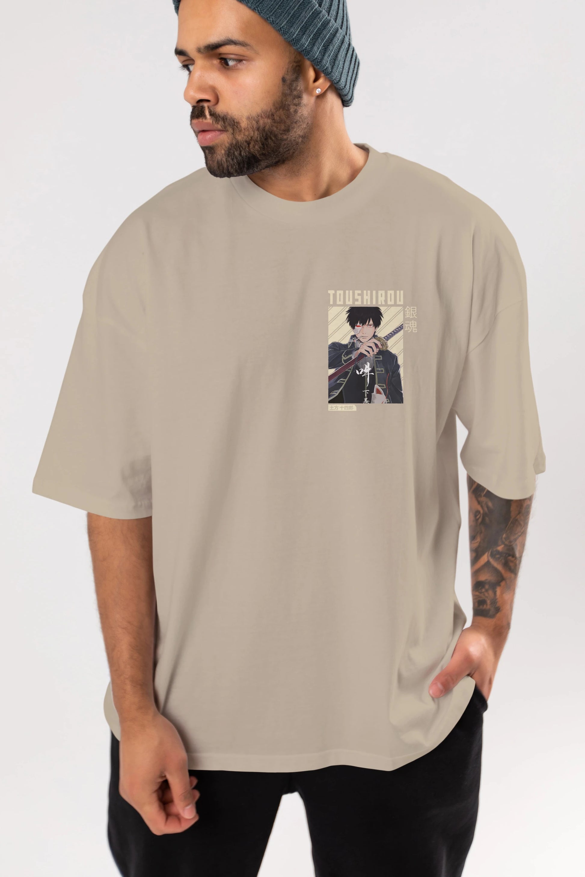 Toushirou Hijikata Ön Sol Baskılı Oversize t-shirt Erkek Kadın Unisex %100 Pamuk Bisiklet Yaka tişort