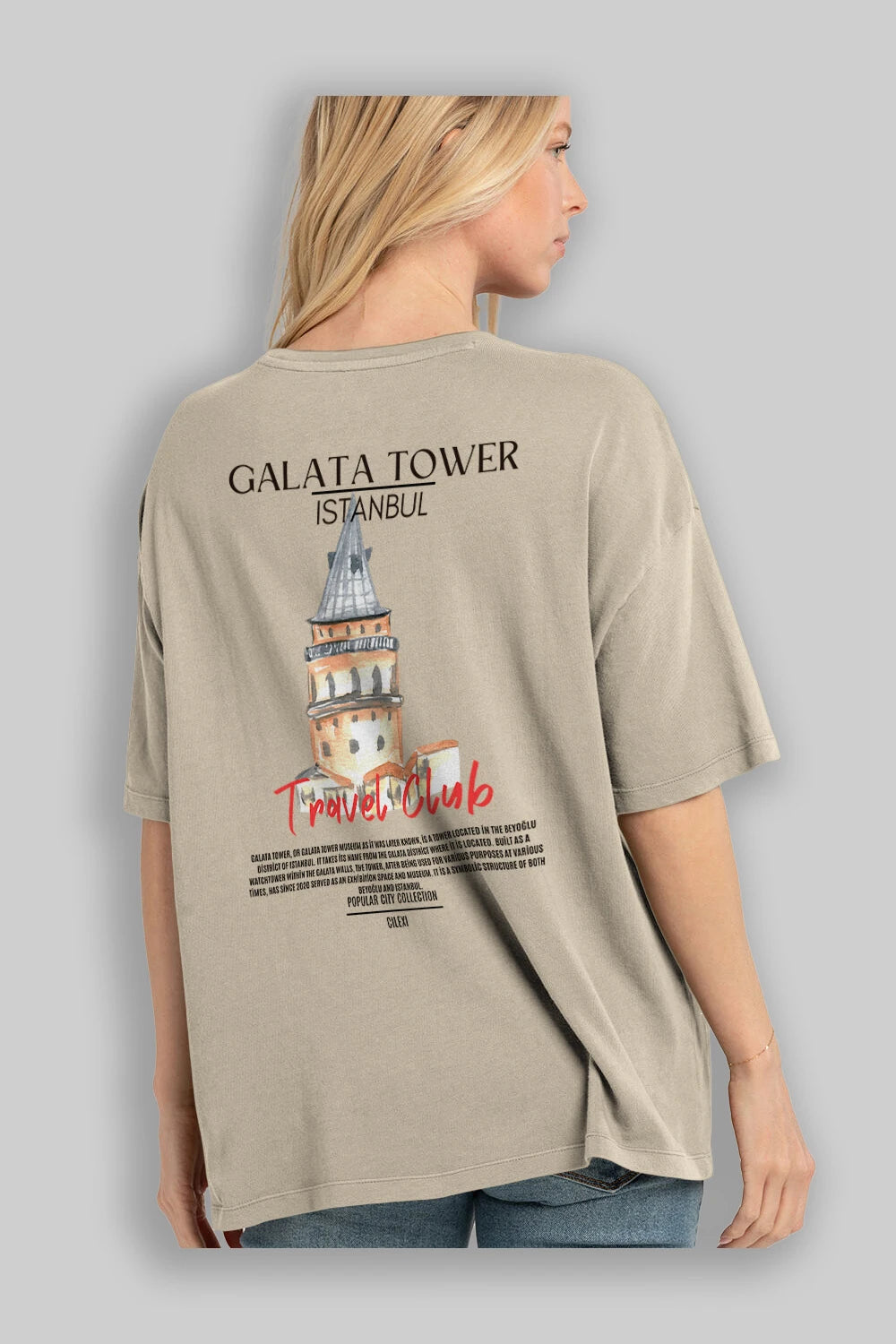 Galata Tower İstanbul Arka Baskılı Oversize t-shirt Erkek Kadın Pamuk Bisiklet Yaka tişort