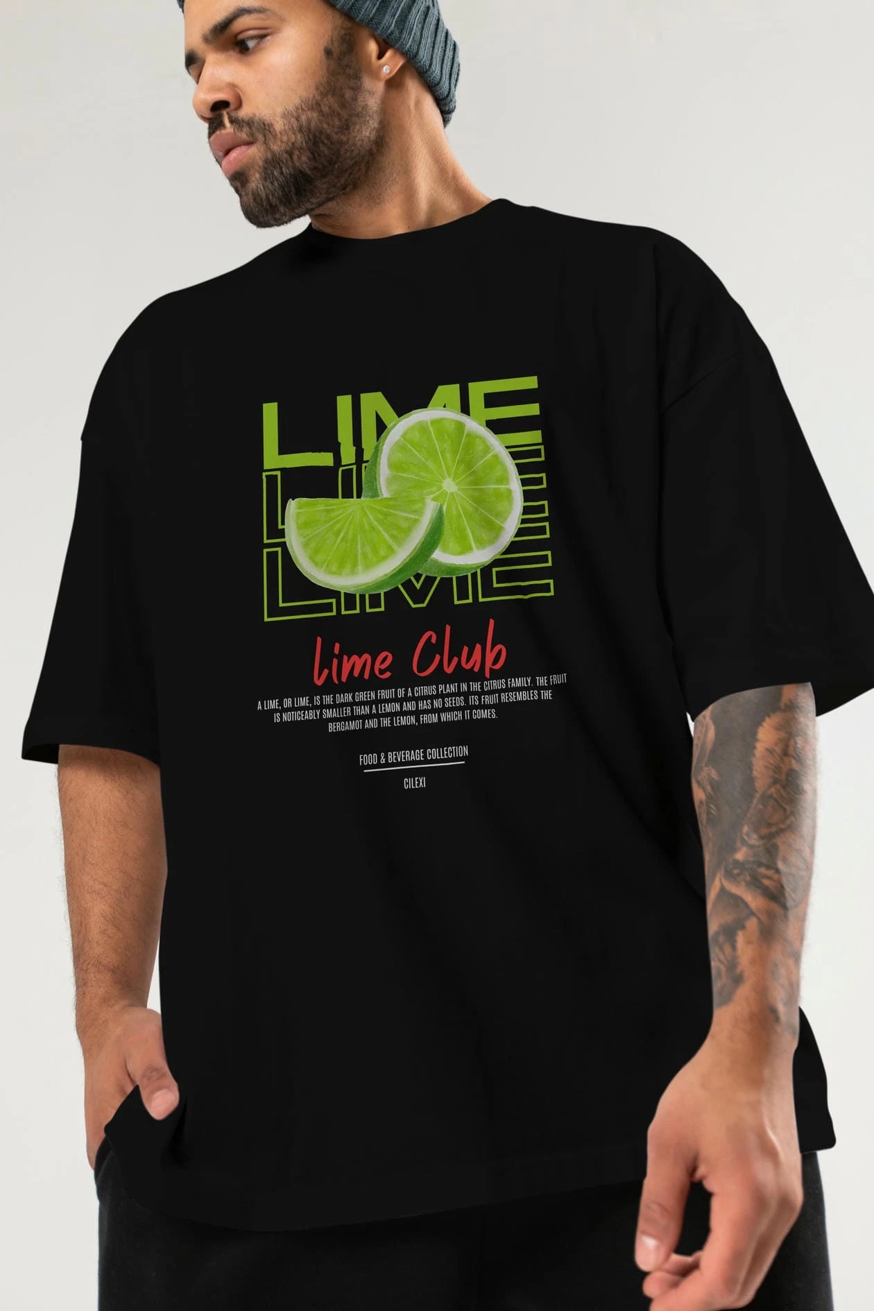 Lime Kokteyl Serisi ön Baskılı Oversize t-shirt Erkek Kadın %100 Pamuk Bisiklet Yaka tişort