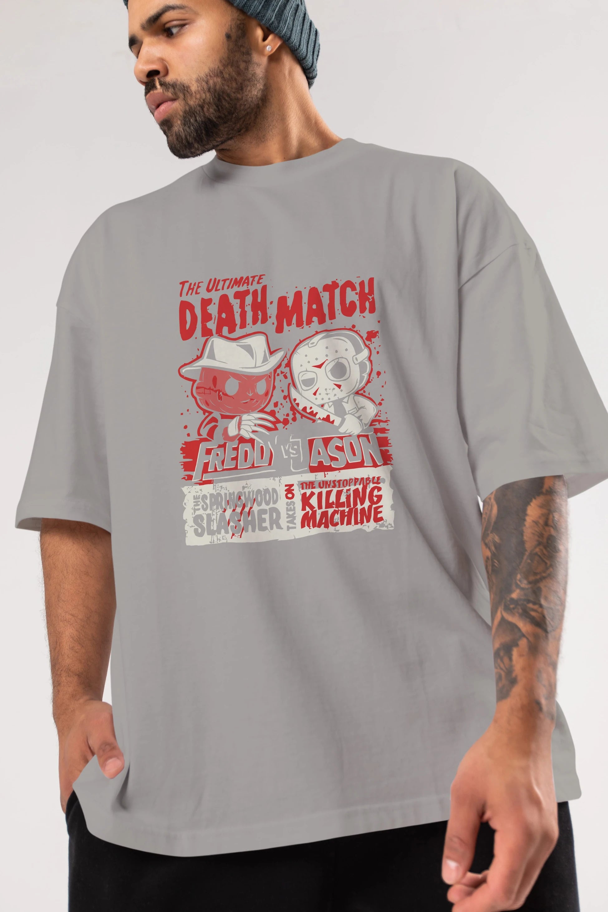 Freddy vs Jason Ön Baskılı Oversize t-shirt Erkek Kadın Unisex %100 Pamuk Bisiklet Yaka tişort