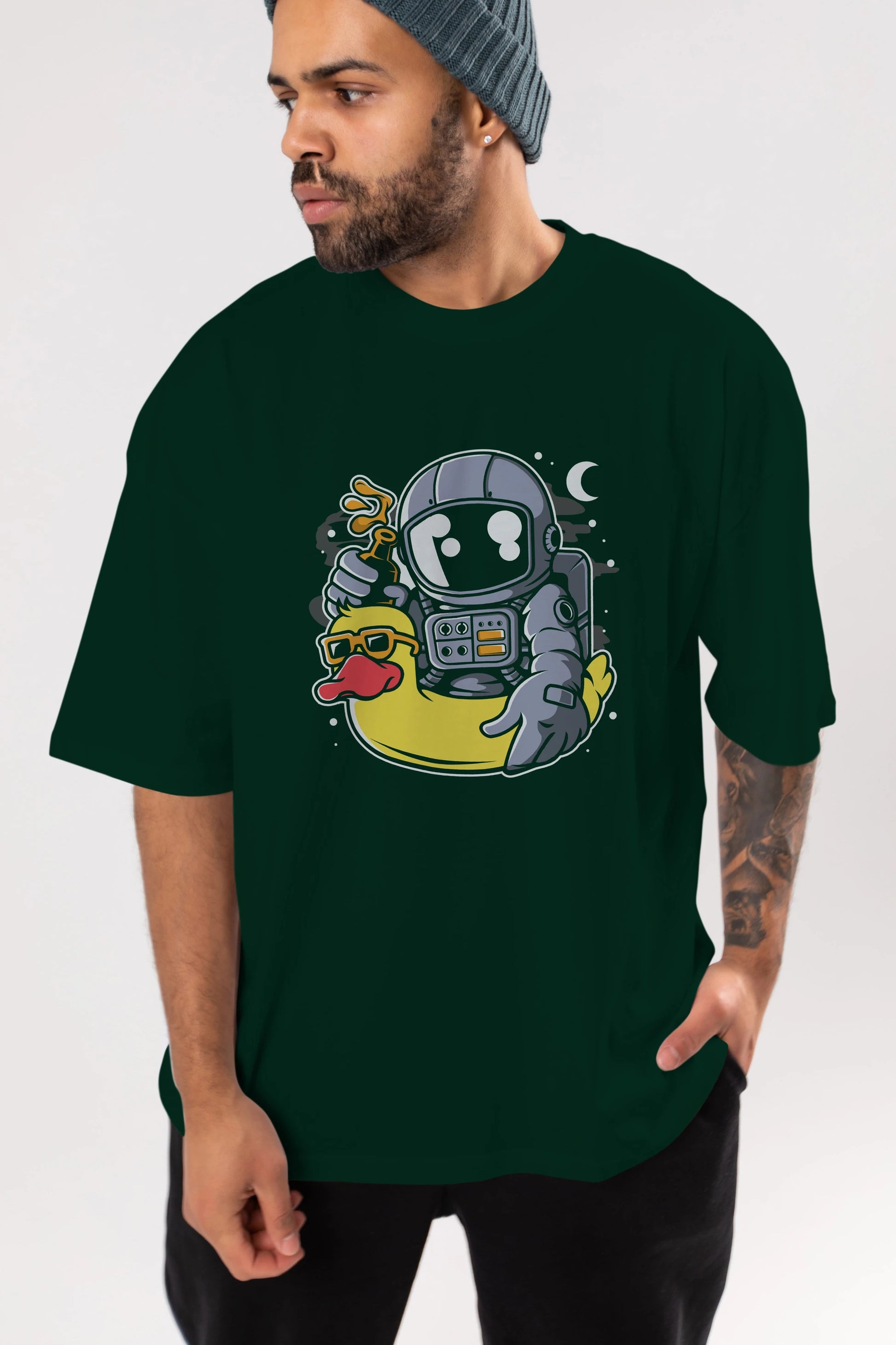 Astronaut Duck Balloon Ön Baskılı Oversize t-shirt Erkek Kadın Unisex