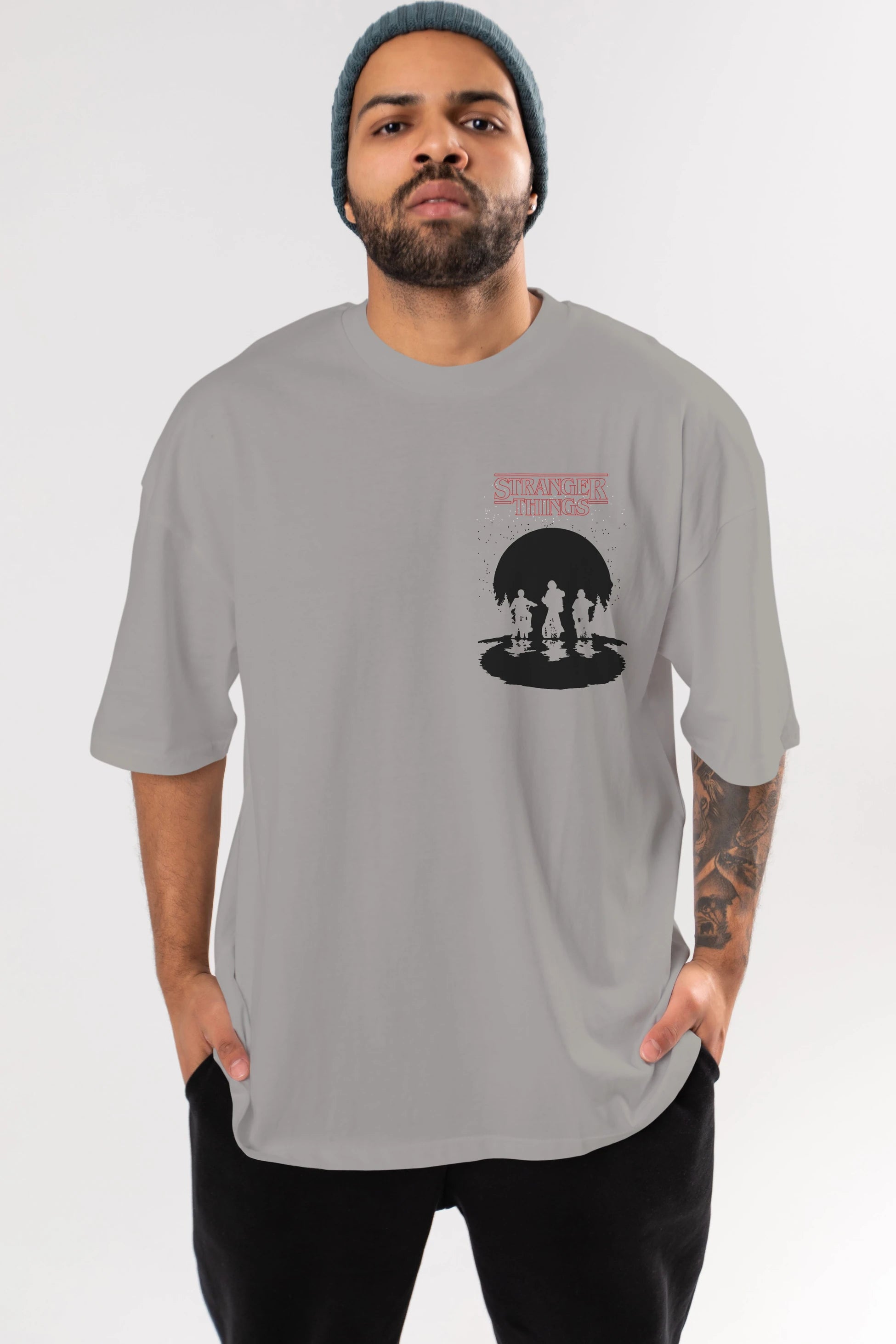 Stranger Things Ön Sol Baskılı Oversize t-shirt Erkek Kadın Unisex %100 Pamuk Bisiklet Yaka tişort