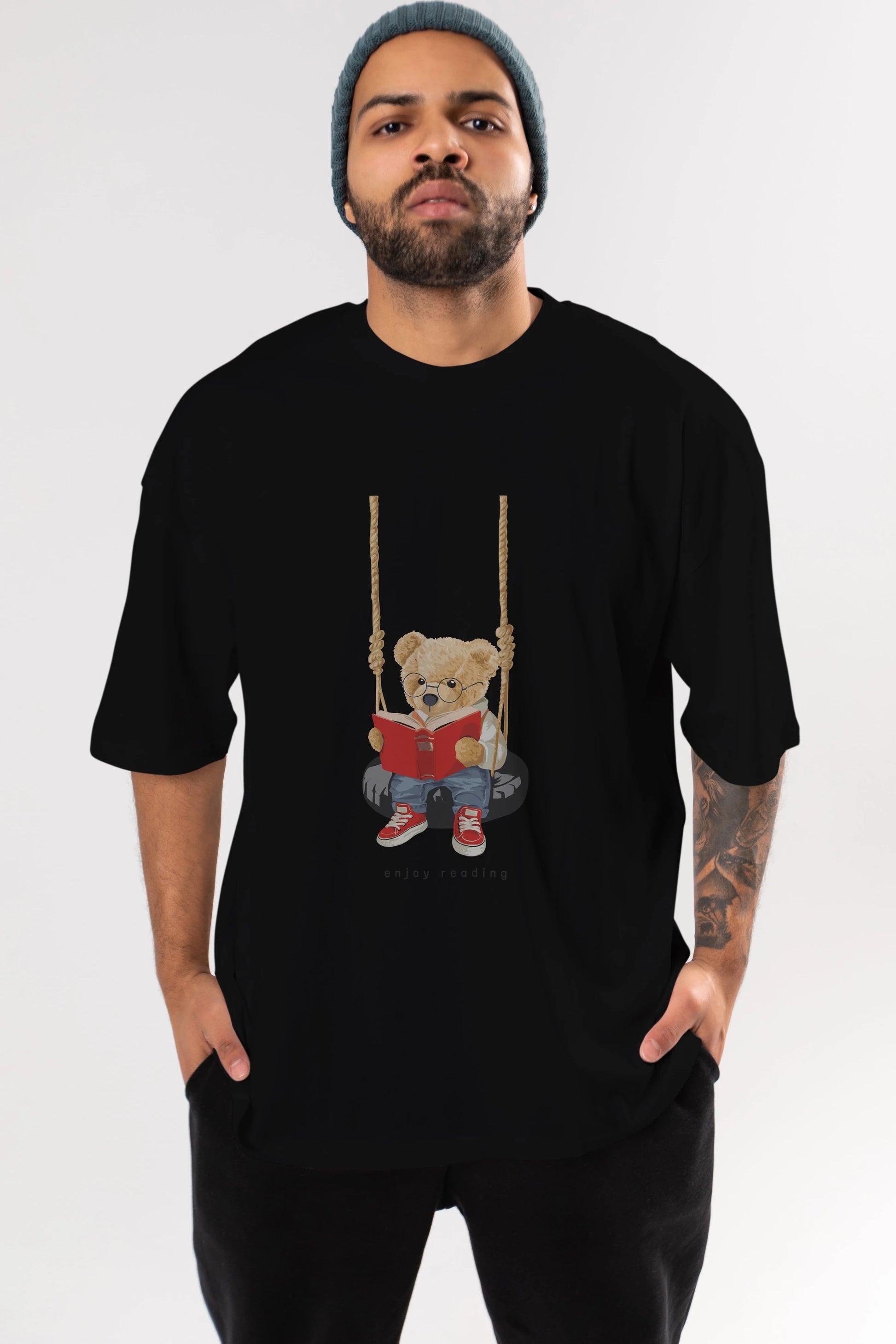 Teddy Bear Enjoy Reading Ön Baskılı Oversize t-shirt Erkek Kadın Unisex %100 Pamuk