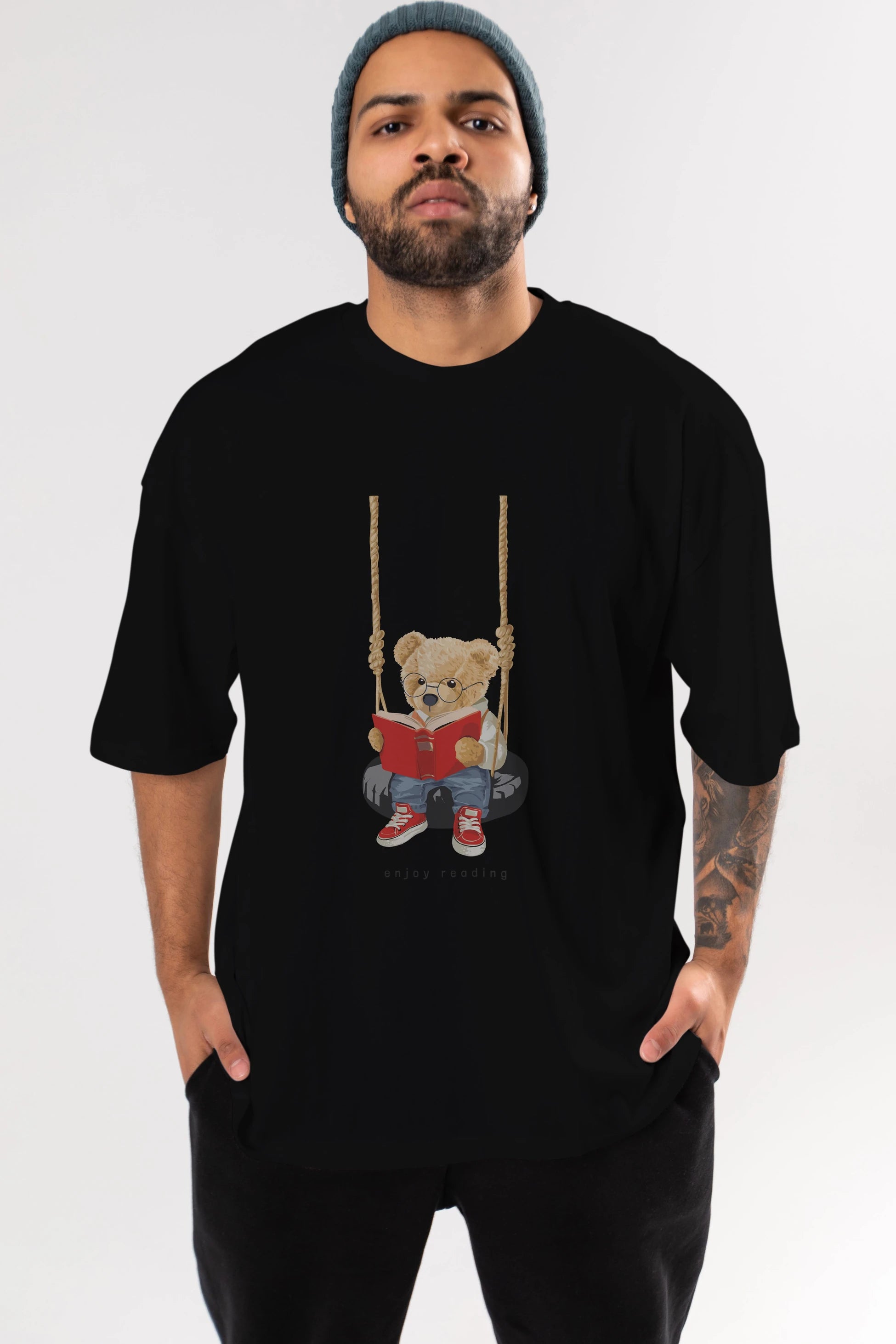 Teddy Bear Enjoy Reading Ön Baskılı Oversize t-shirt Erkek Kadın Unisex %100 Pamuk