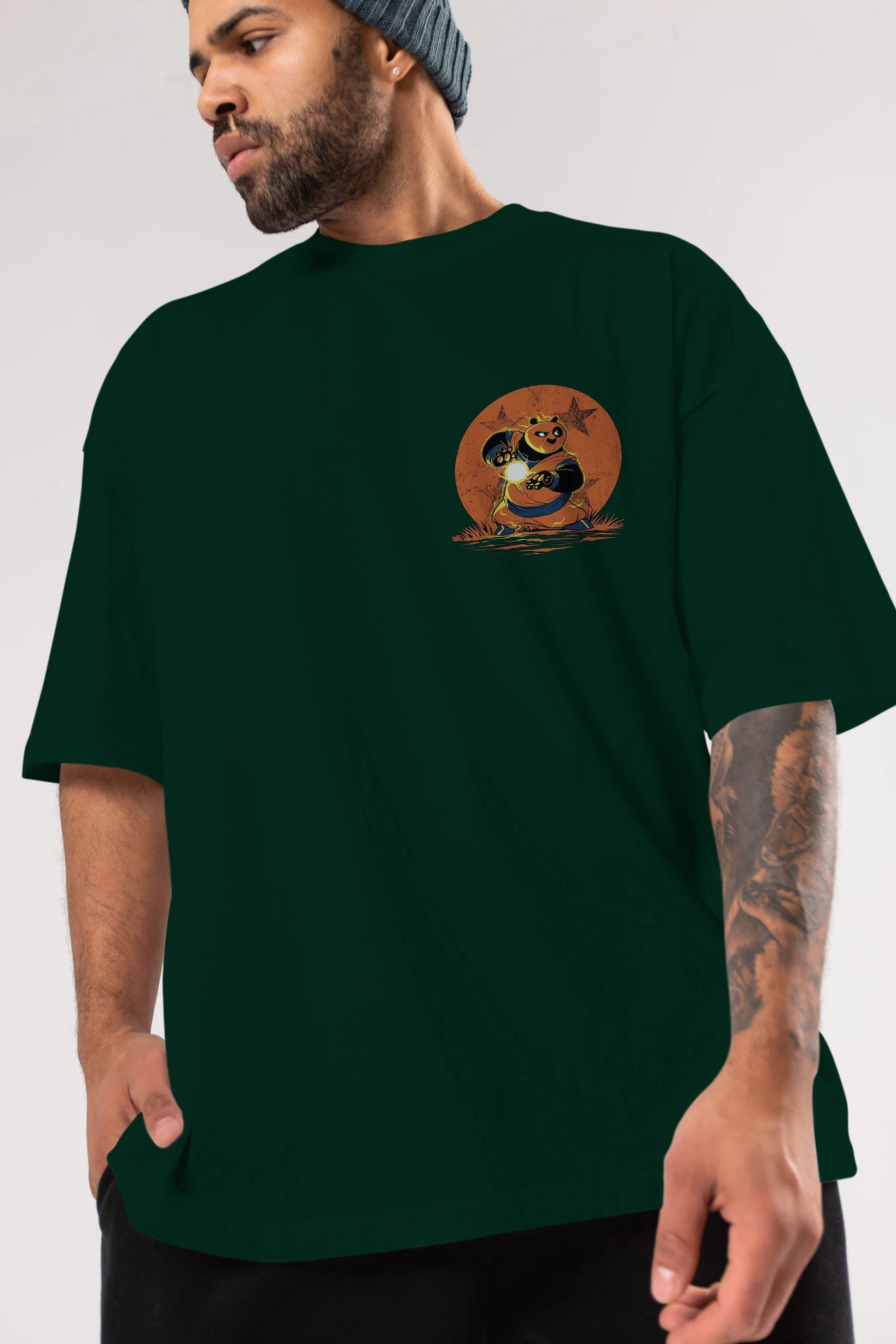 Kung Fu Panda Ön Sol Baskılı Oversize t-shirt Erkek Kadın Unisex %100 Pamuk Bisiklet Yaka tişort