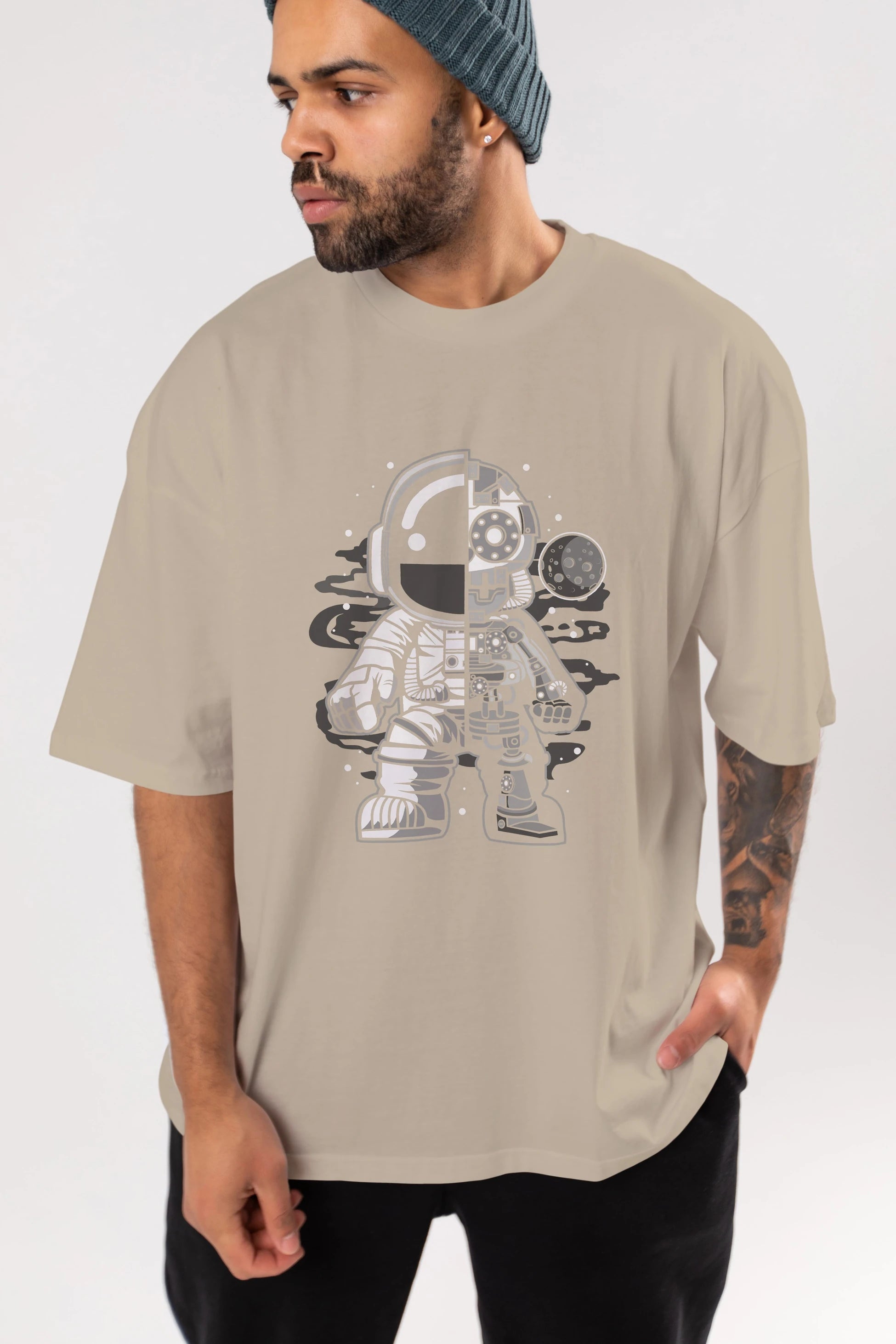 Astronaut Half Robot Ön Baskılı Oversize t-shirt Erkek Kadın Unisex