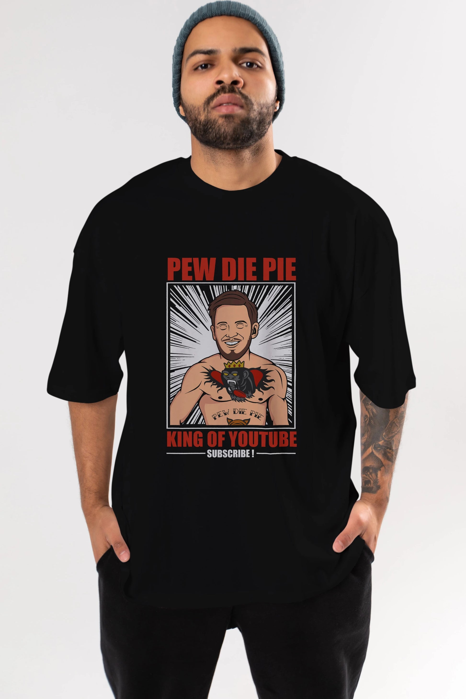 Pew Die Pie Fighter Ön Baskılı Oversize t-shirt Erkek Kadın Unisex %100 Pamuk tişort