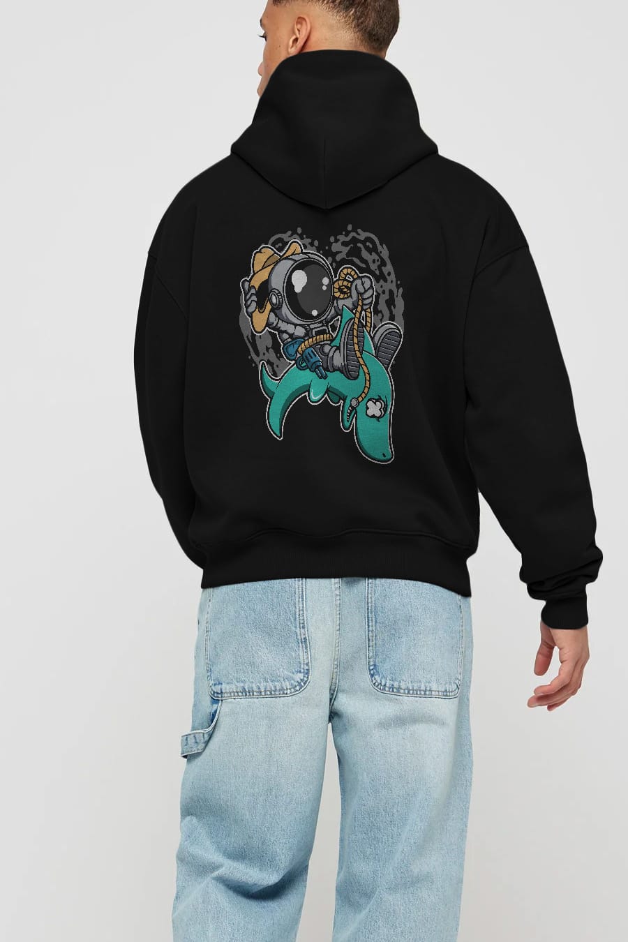 Astronaut Riding Shark Arka Baskılı Hoodie Oversize Kapüşonlu Sweatshirt Erkek Kadın Unisex