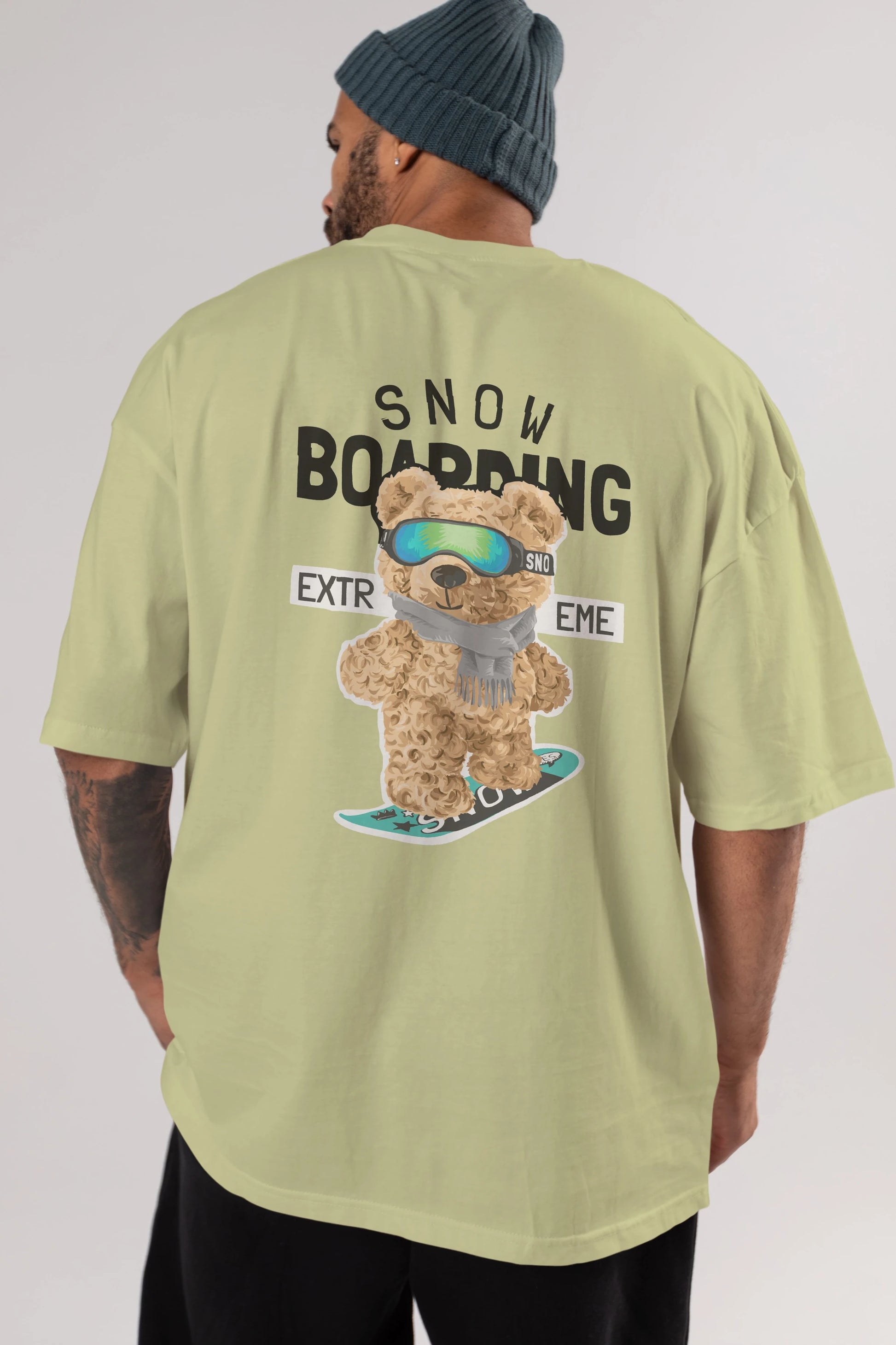 Teddy Bear Snow Boarding Arka Baskılı Oversize t-shirt Erkek Kadın Unisex %100 Pamuk