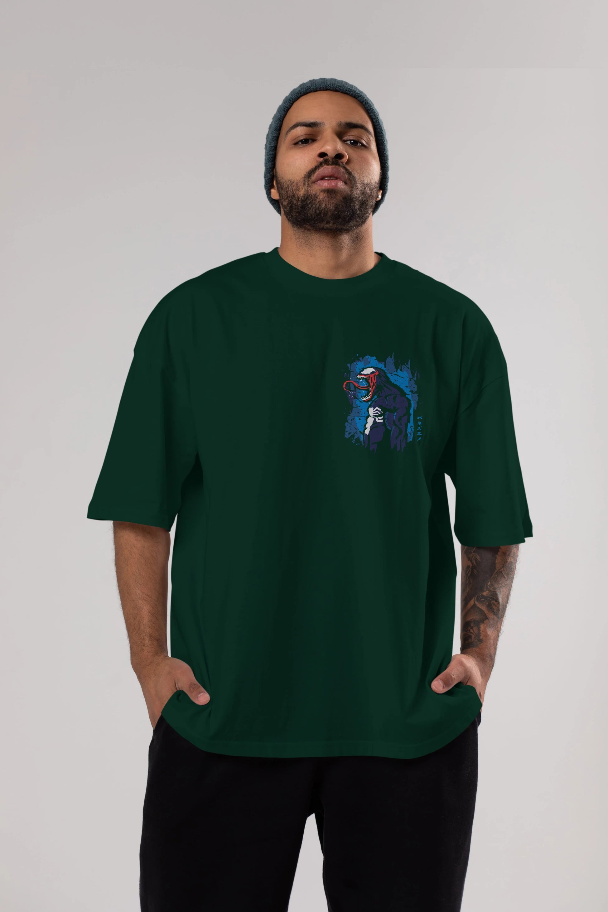 Venom (24) Ön Sol Baskılı Oversize t-shirt Erkek Kadın Unisex %100 Pamuk Bisiklet Yaka tişort