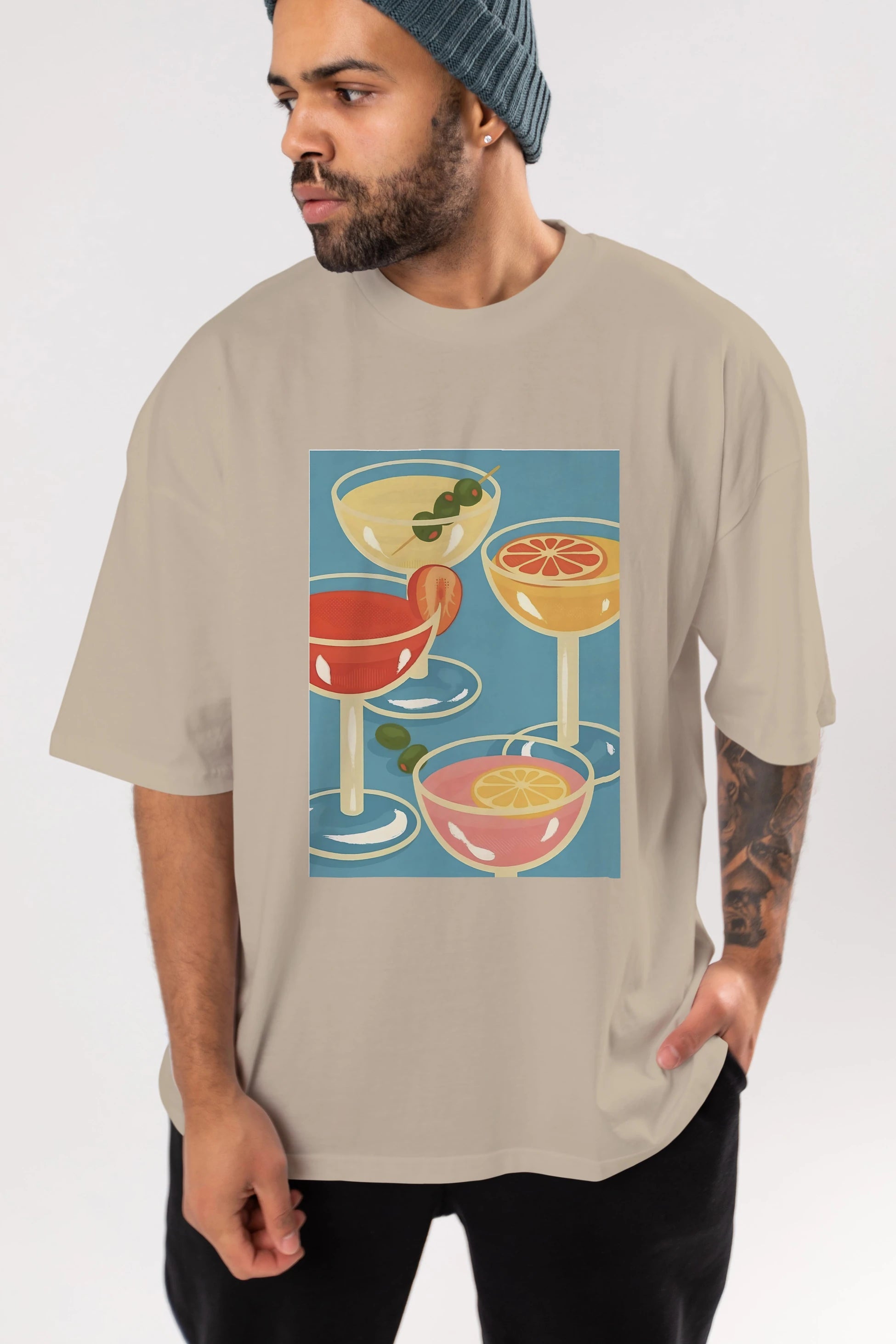 Cocktails Ön Baskılı Oversize t-shirt Erkek Kadın Unisex %100 Pamuk Bisiklet Yaka tişort