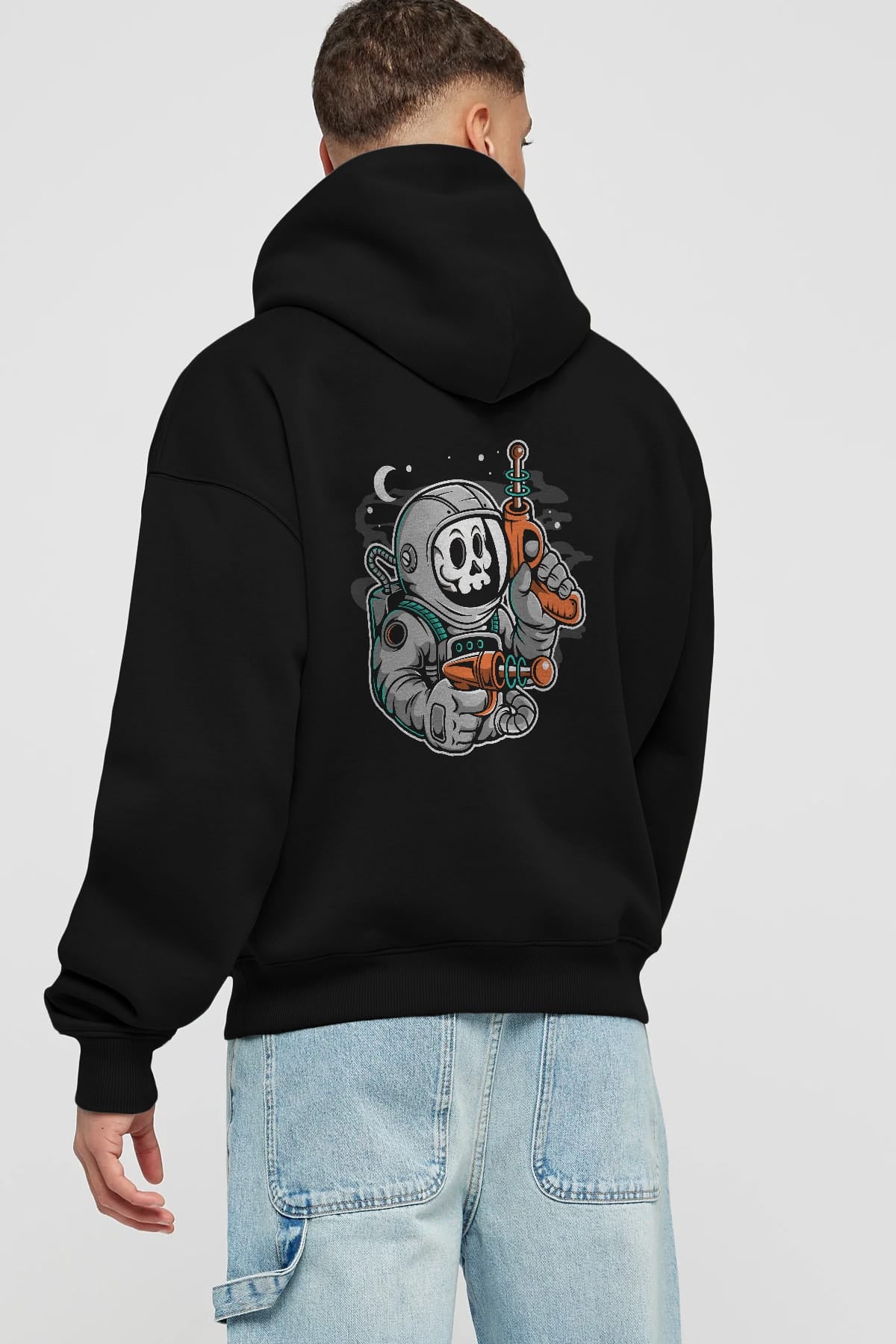 Astronaut Ray Gun Arka Baskılı Hoodie Oversize Kapüşonlu Sweatshirt Erkek Kadın Unisex