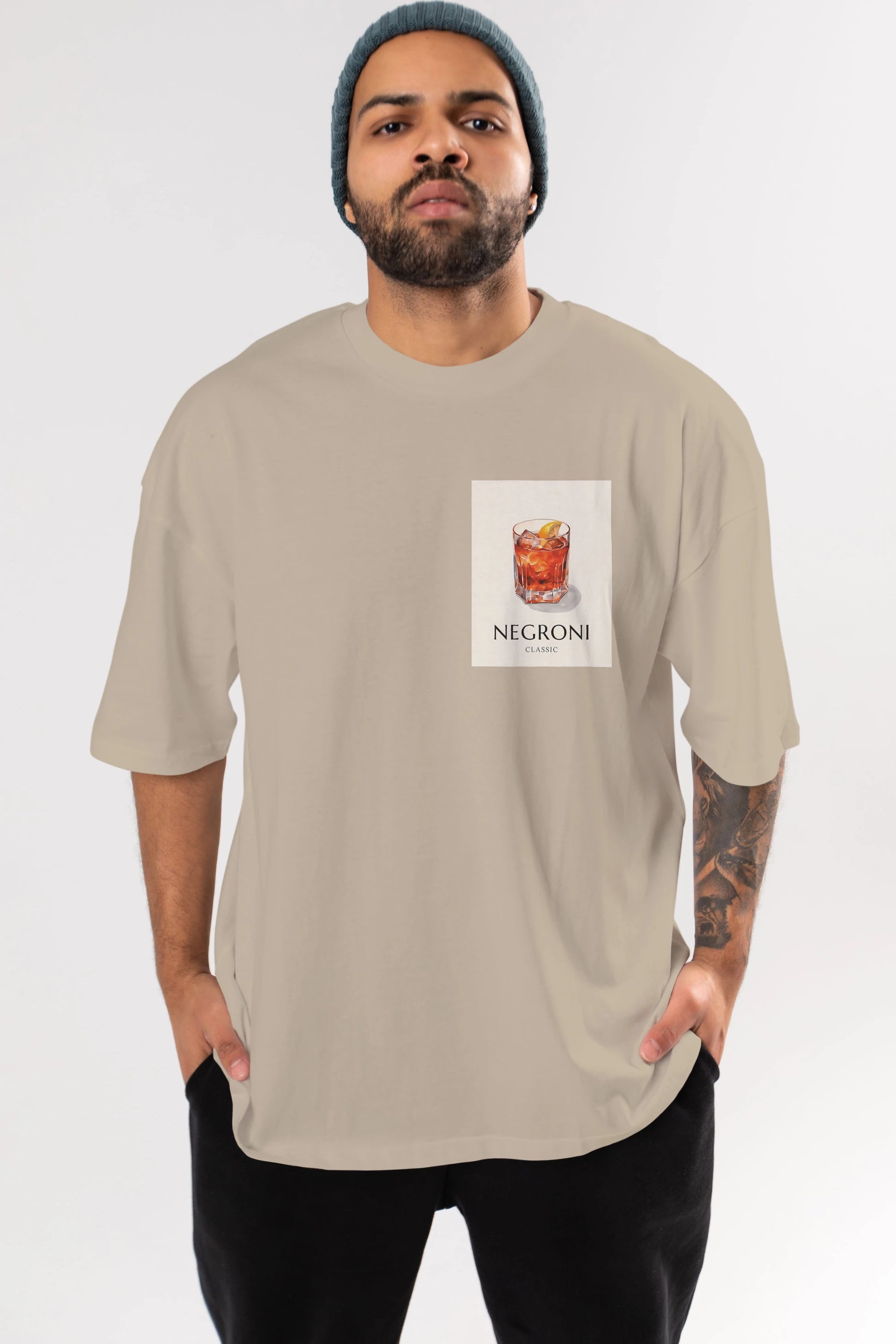 Negroni Classic Ön Sol Baskılı Oversize t-shirt Erkek Kadın Unisex %100 Pamuk Bisiklet Yaka tişort