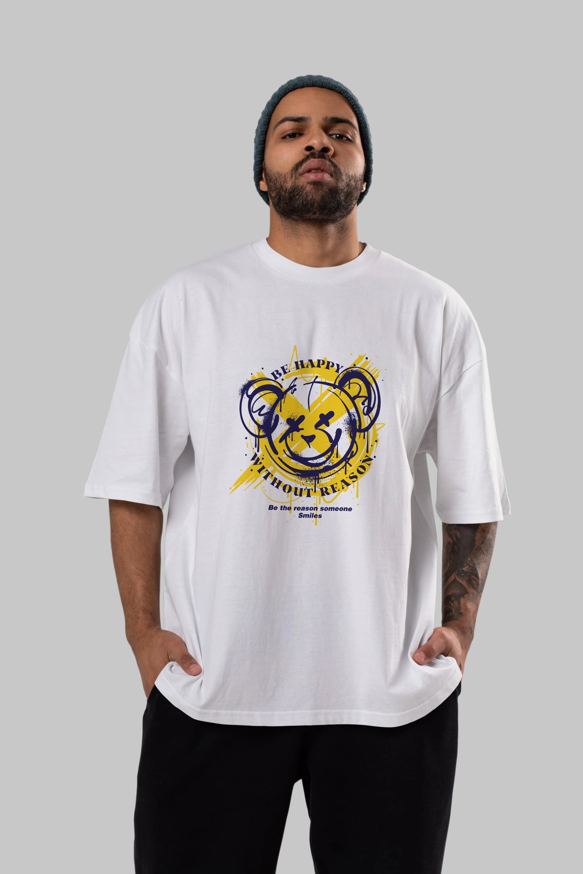 Be Happy Bear 2 Ön Baskılı Oversize t-shirt Erkek Kadın Unisex