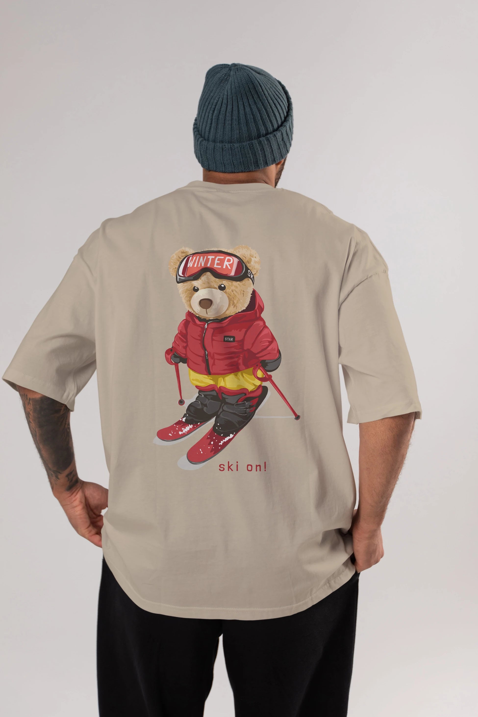 Teddy Bear Ski On Arka Baskılı Oversize t-shirt Erkek Kadın Unisex %100 Pamuk