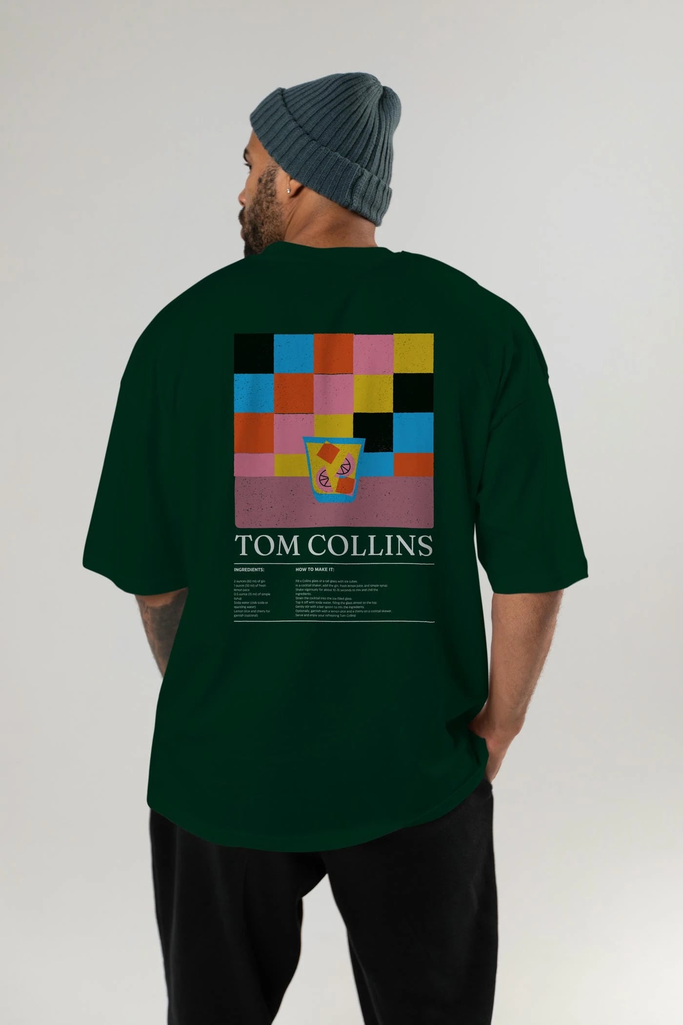 Tom Collins Kokteyl Serisi Arka Baskılı Oversize t-shirt Erkek Kadın %100 Pamuk Bisiklet Yaka tişort