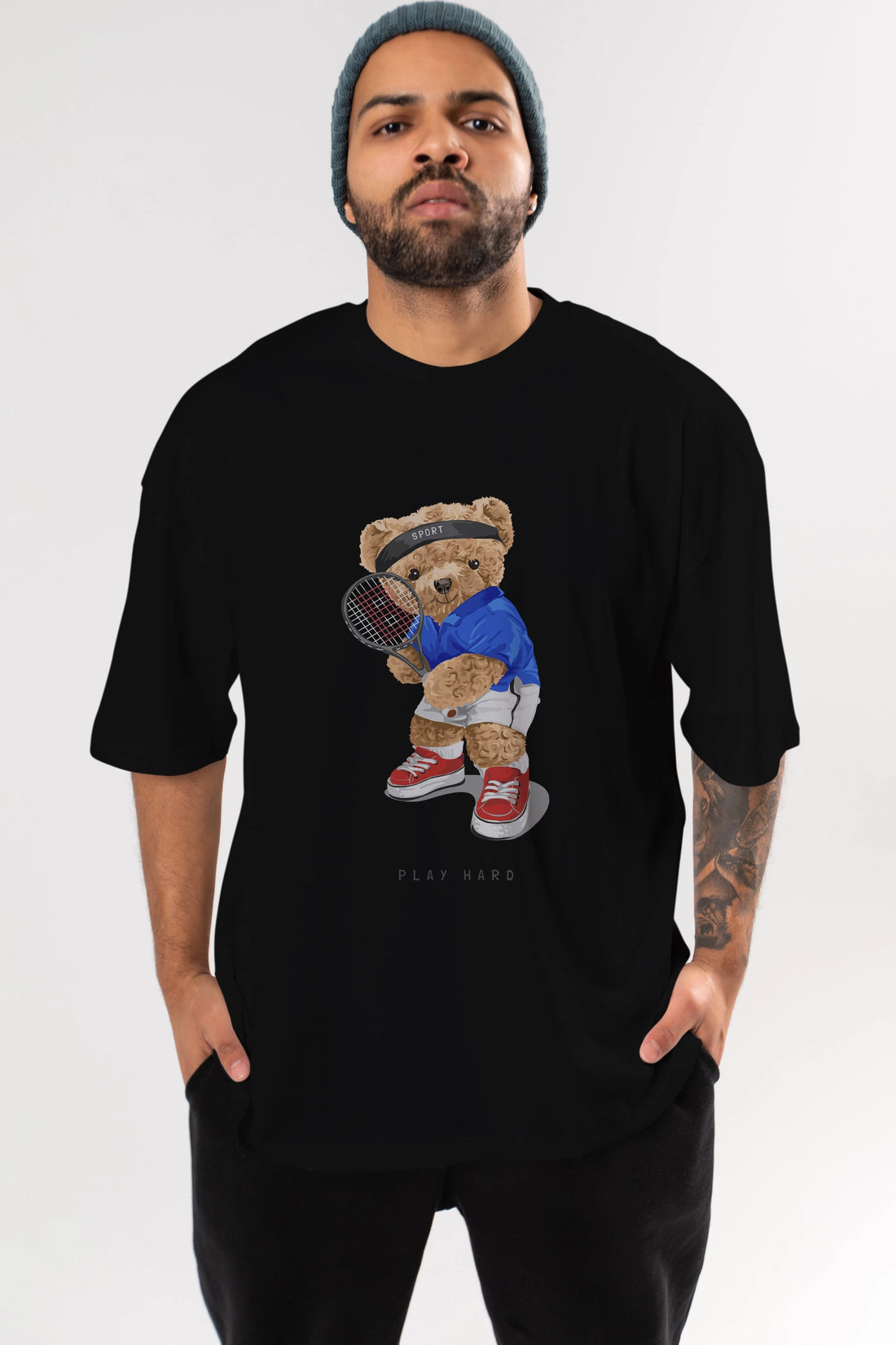 Teddy Bear Play Hard Ön Baskılı Oversize t-shirt Erkek Kadın Unisex %100 Pamuk