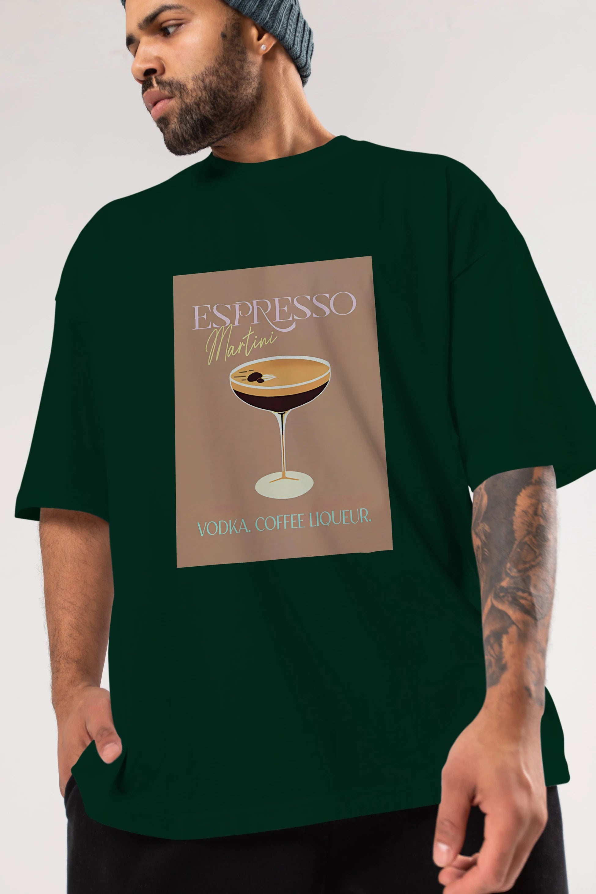 Espresso Martini Cocktail Ön Baskılı Oversize t-shirt Erkek Kadın Unisex %100 Pamuk Bisiklet Yaka tişort