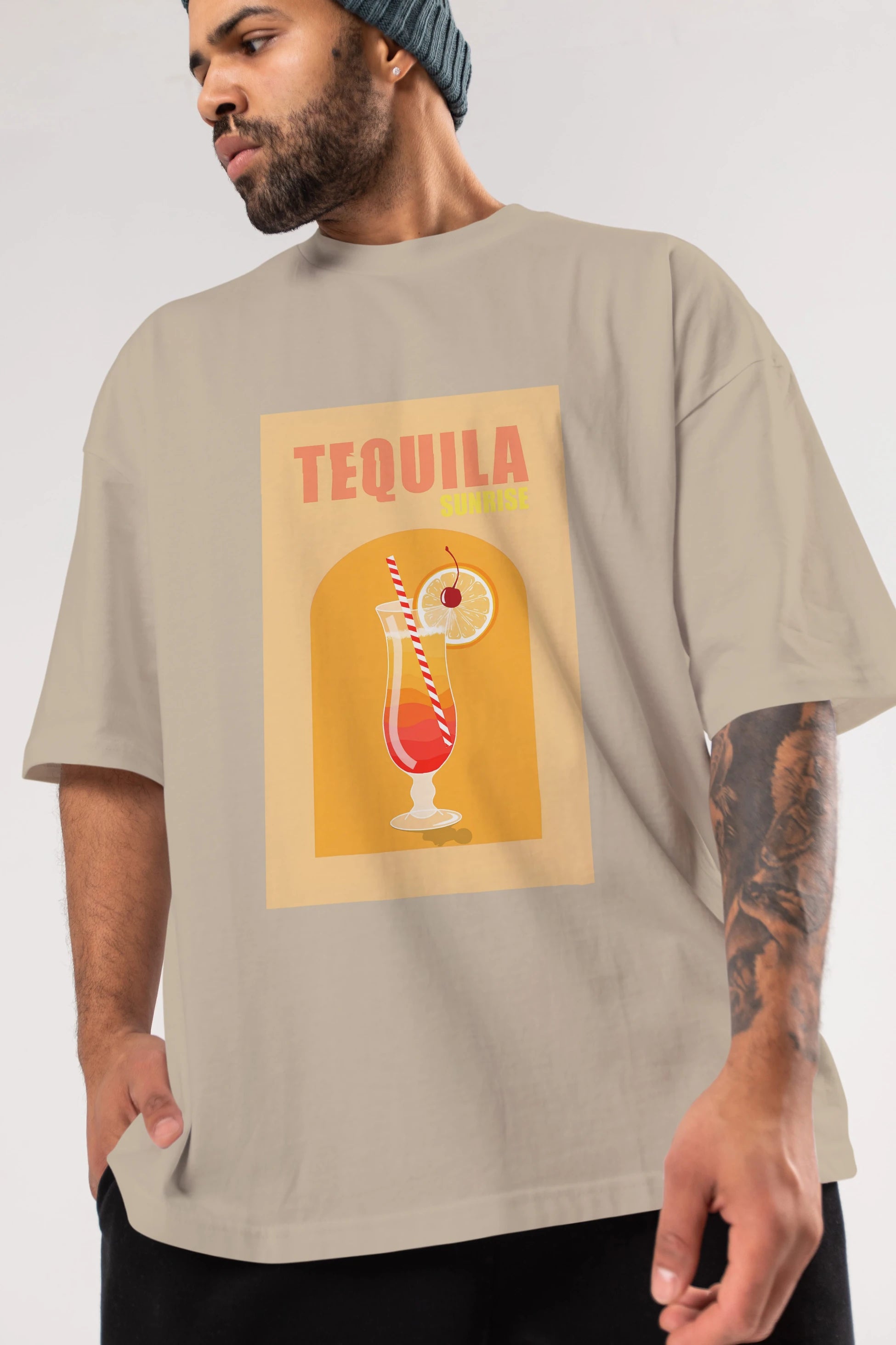 Tequila Sunrise Ön Baskılı Oversize t-shirt Erkek Kadın Unisex %100 Pamuk Bisiklet Yaka tişort