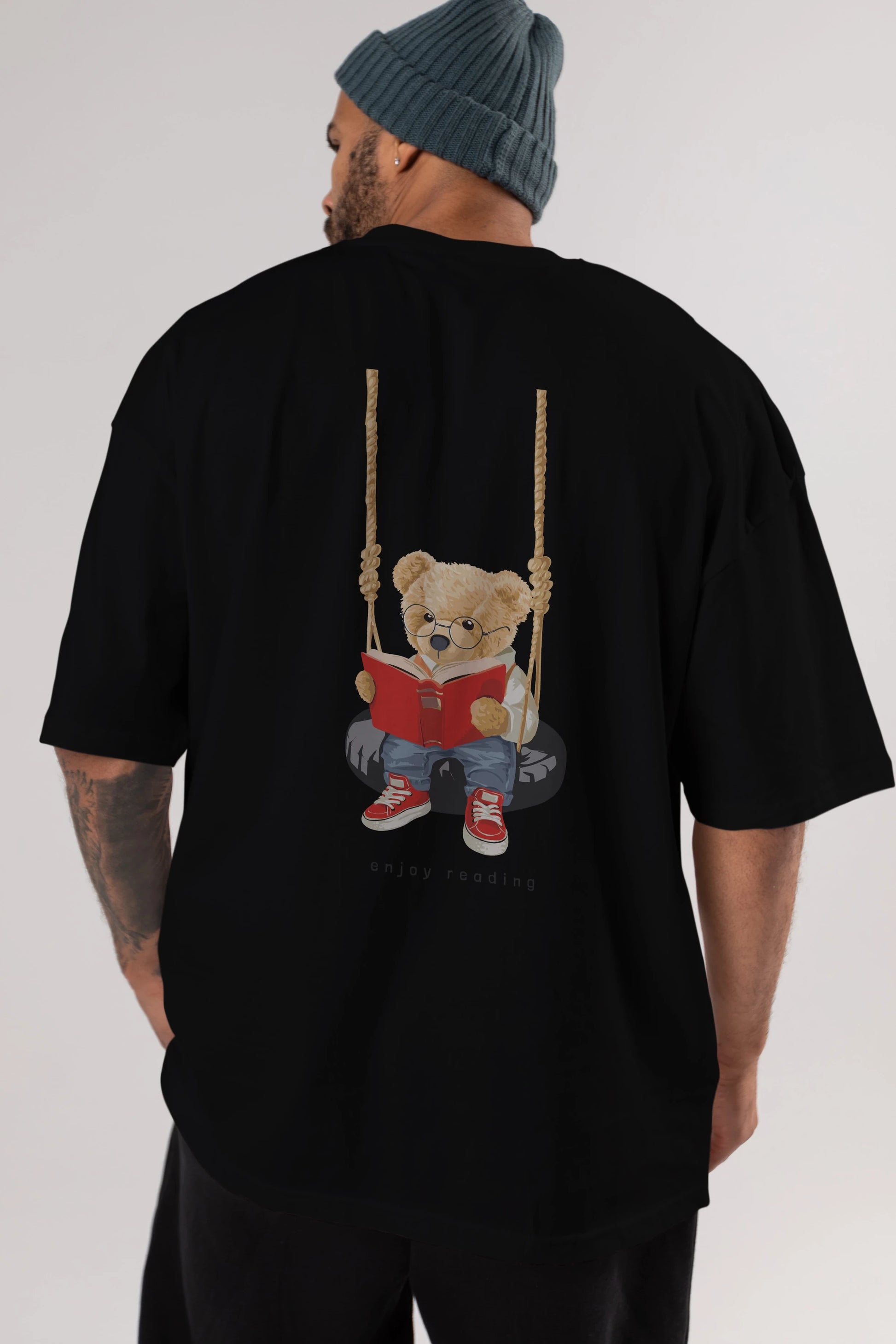 Teddy Bear Enjoy Reading Arka Baskılı Oversize t-shirt Erkek Kadın Unisex %100 Pamuk