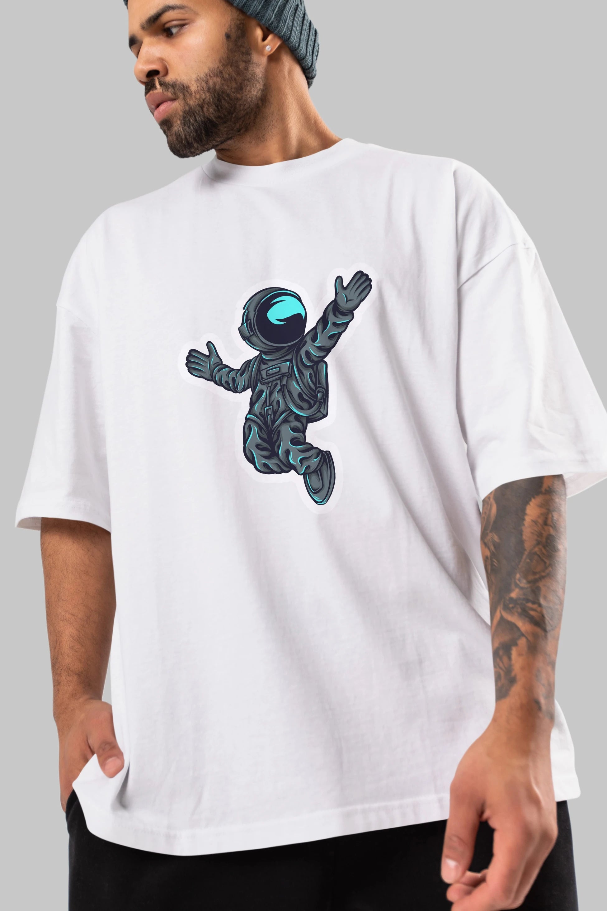 Happy Astronaut Sticker Ön Baskılı Oversize t-shirt Erkek Kadın Unisex